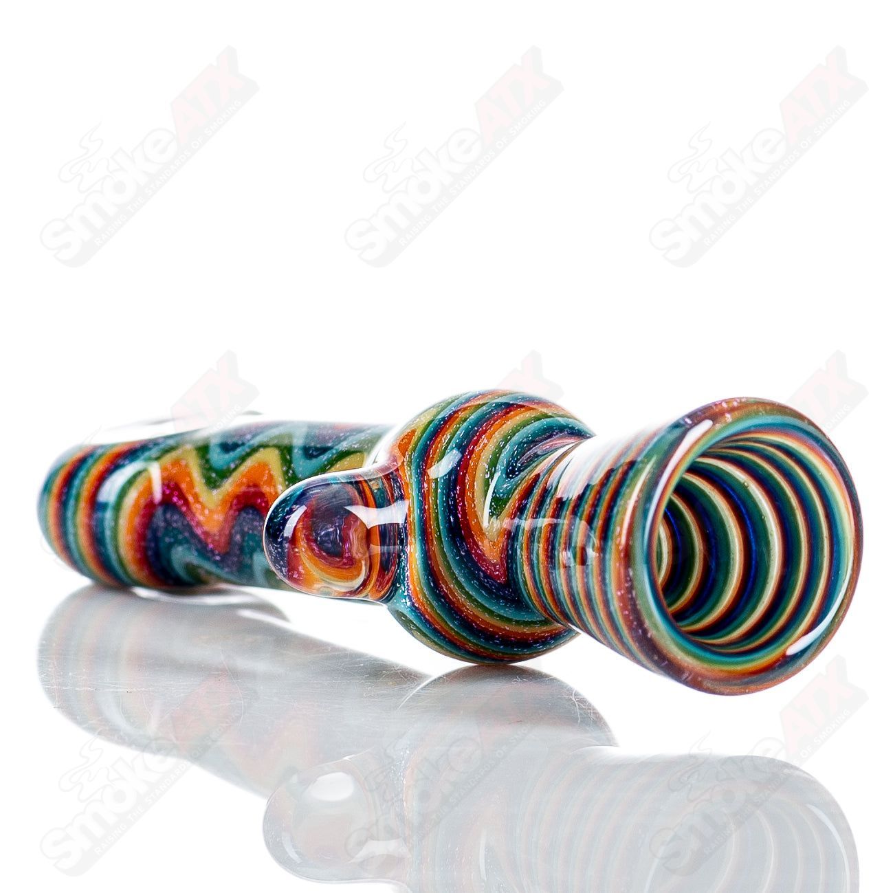 Colorful rainbow dichro line work glass chillum pipe by Shane Smith featuring vibrant, intricate design on a compact glass smoking accessory.