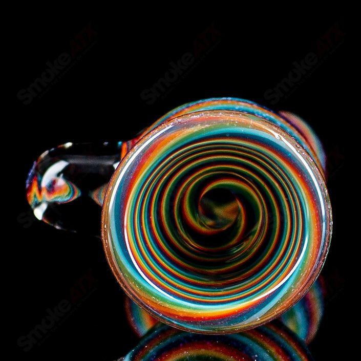 Glass chillum by Shane Smith with rainbow dichro line work, featuring vibrant colors and detailed glass art design.