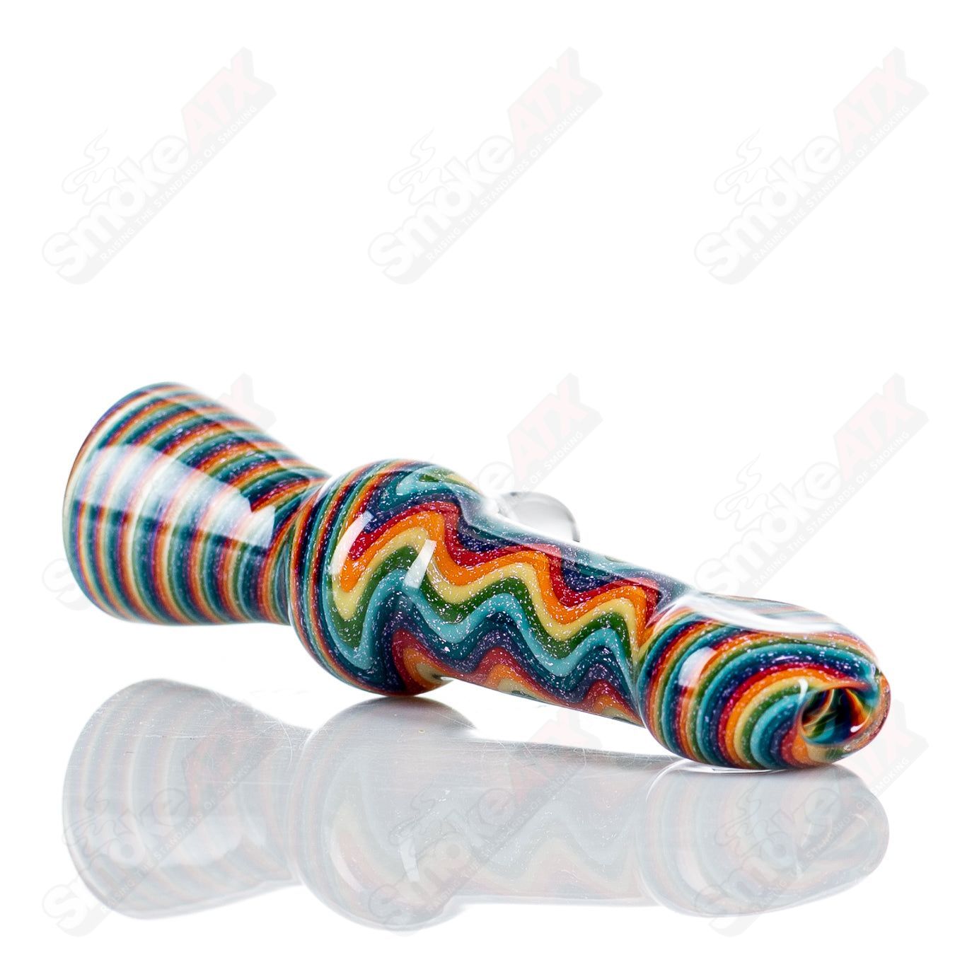 Glass Rainbow Dichro Line Work Chillum by Shane Smith, featuring colorful rainbow and line patterns on a compact glass smoking pipe.