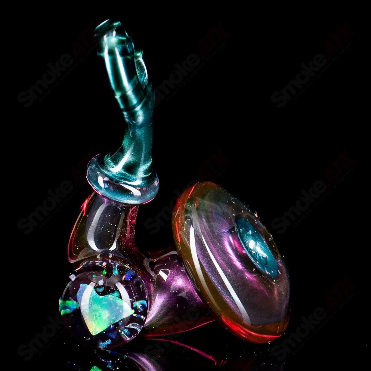 JMass Sherlock pendant with heart-shaped opal, crafted from heady glass, featuring intricate design and vibrant colors.