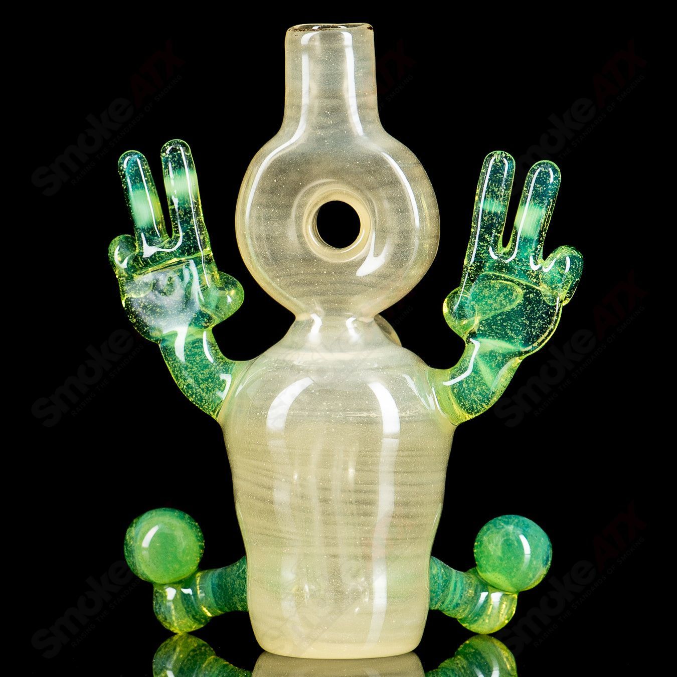 Glass waterpipe rig with three percolators from MJ Meltz, featuring a clear design and bubble-stem mouthpiece.