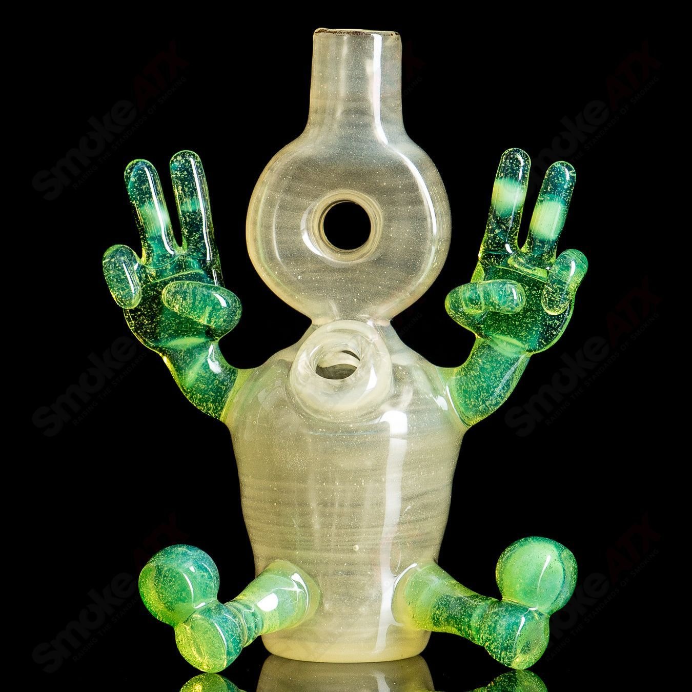 Glass waterpipe rig with three percolators by MJ Meltz, featuring a sleek design and intricate glasswork.