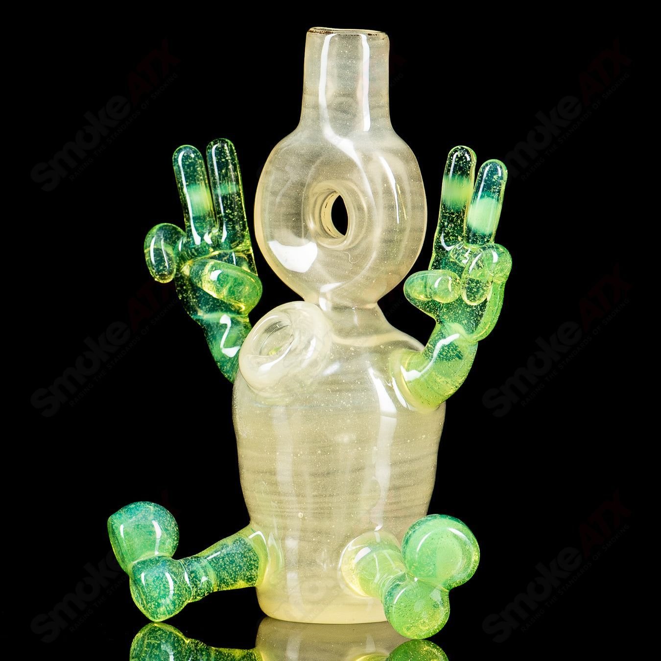 Glass waterpipe rig with three percolators by MJ Meltz, featuring a clear design and intricate glasswork for smooth hits.