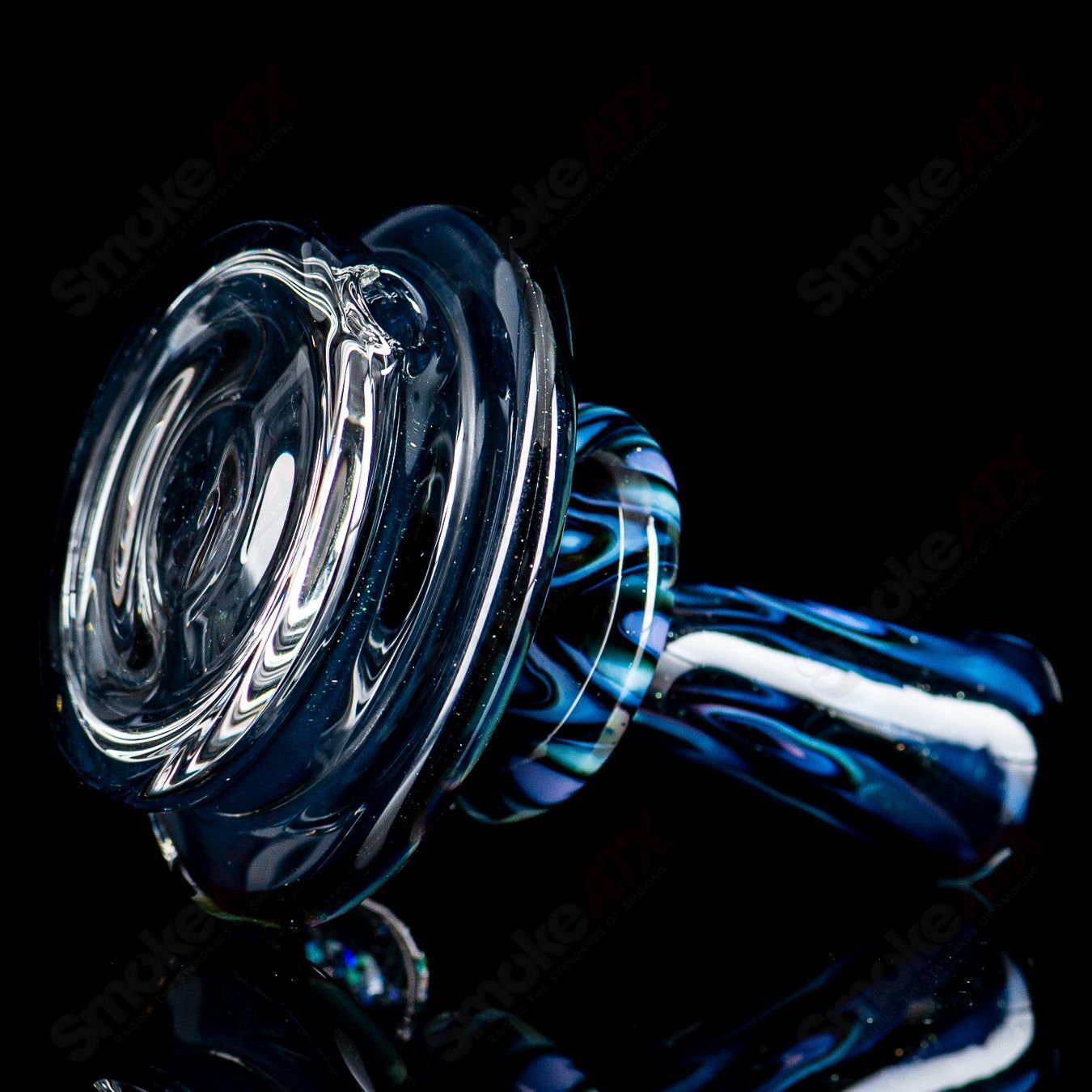 Colorful UV-illuminated Puffco dry top by Geoff Made Glass with full pattern design, heady glass accessory for Puffco devices.