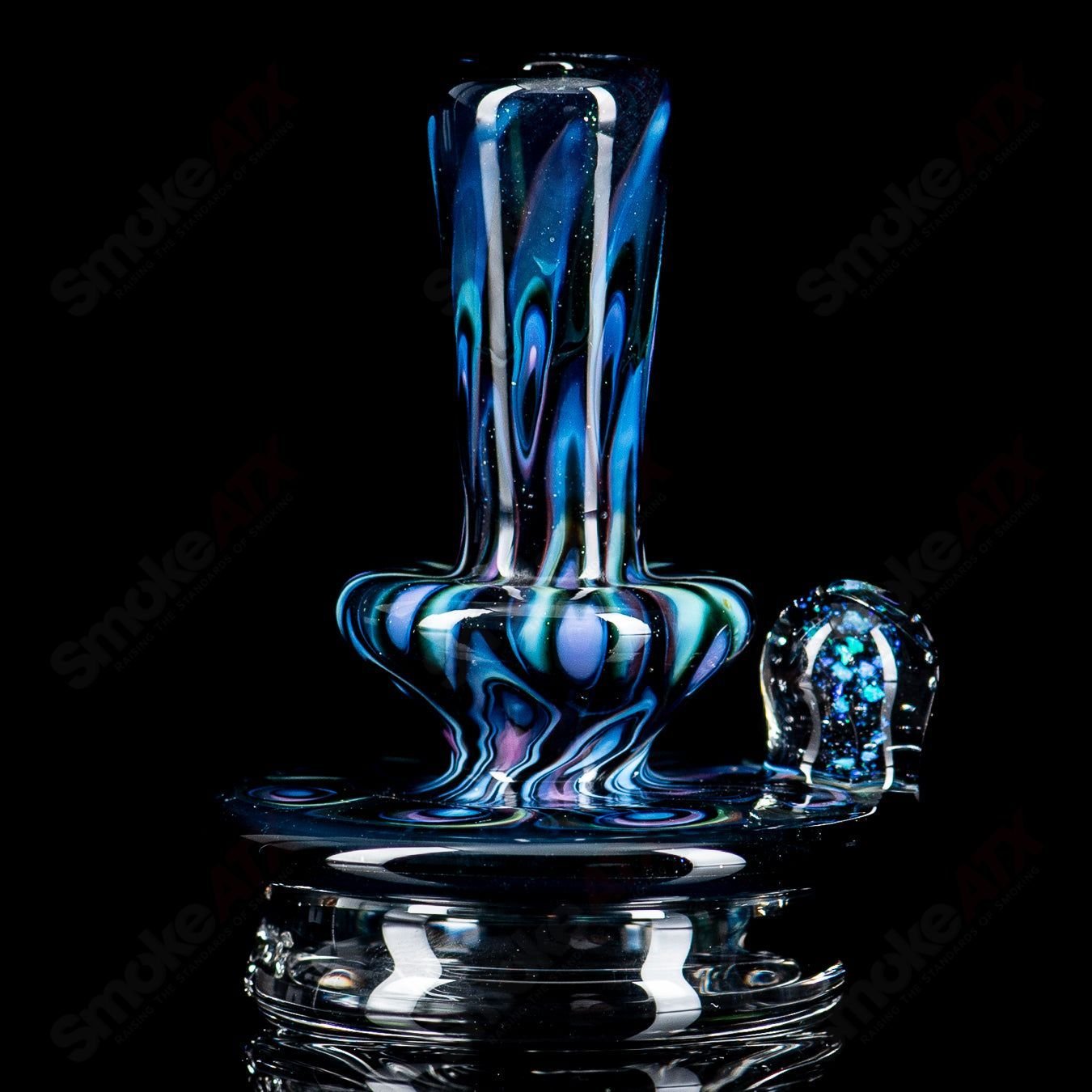 Colorful UV full pattern Puffco dry top by Geoff Made Glass for Indo, designed for Puffco vaporizers, with vibrant glass art and intricate details.