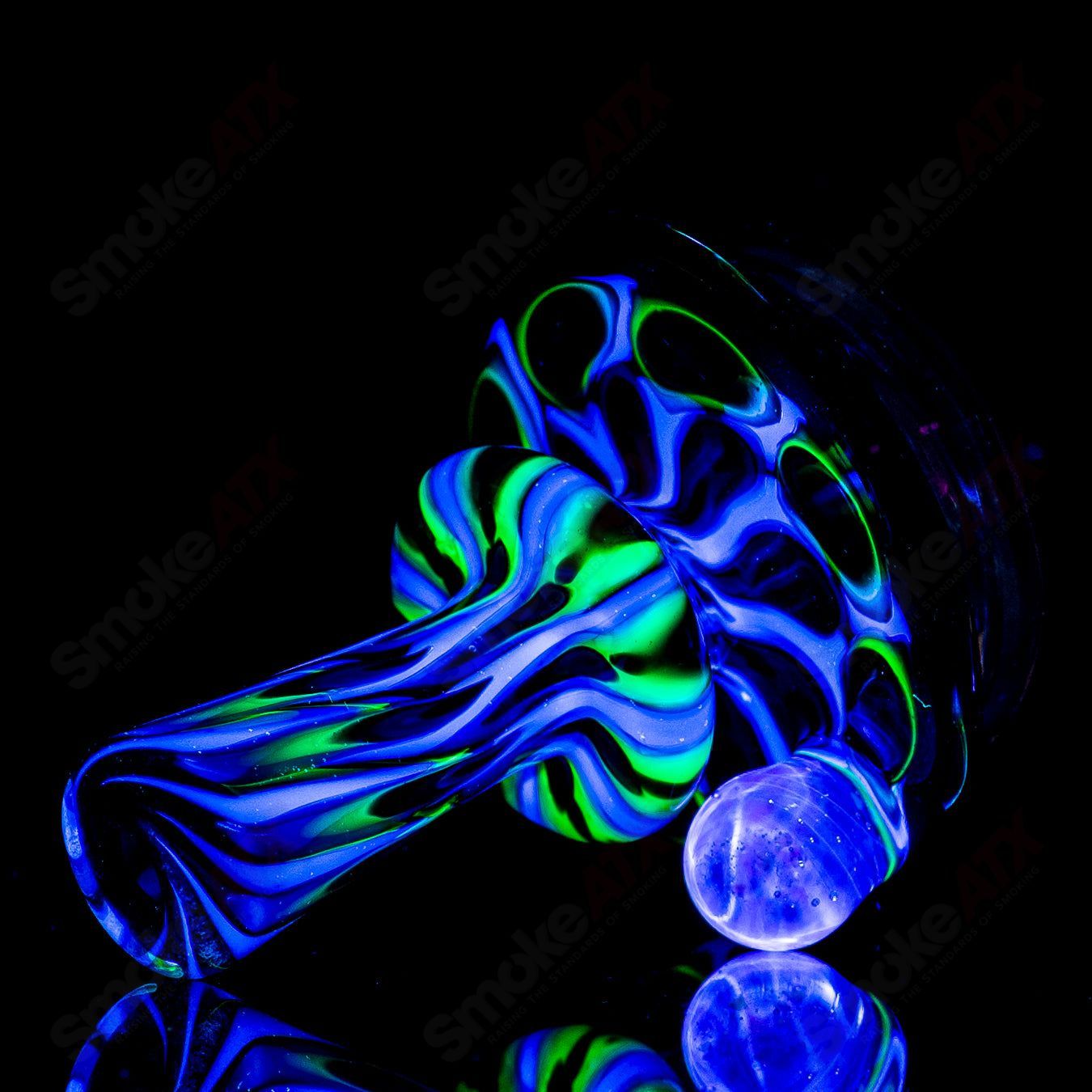 Colorful UV-patterned Puffco dry top by Geoff Made Glass, designed for Puffco devices, featuring vibrant heady glass artwork.