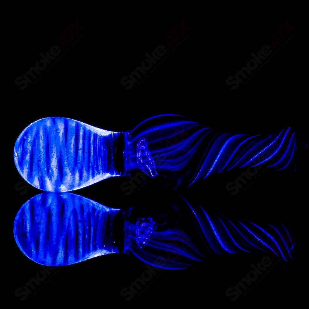 Colorful UV-reactive Puffco joystick head by Geoff Made Glass, designed for Puffco vaporizer tops, with intricate glass detailing.