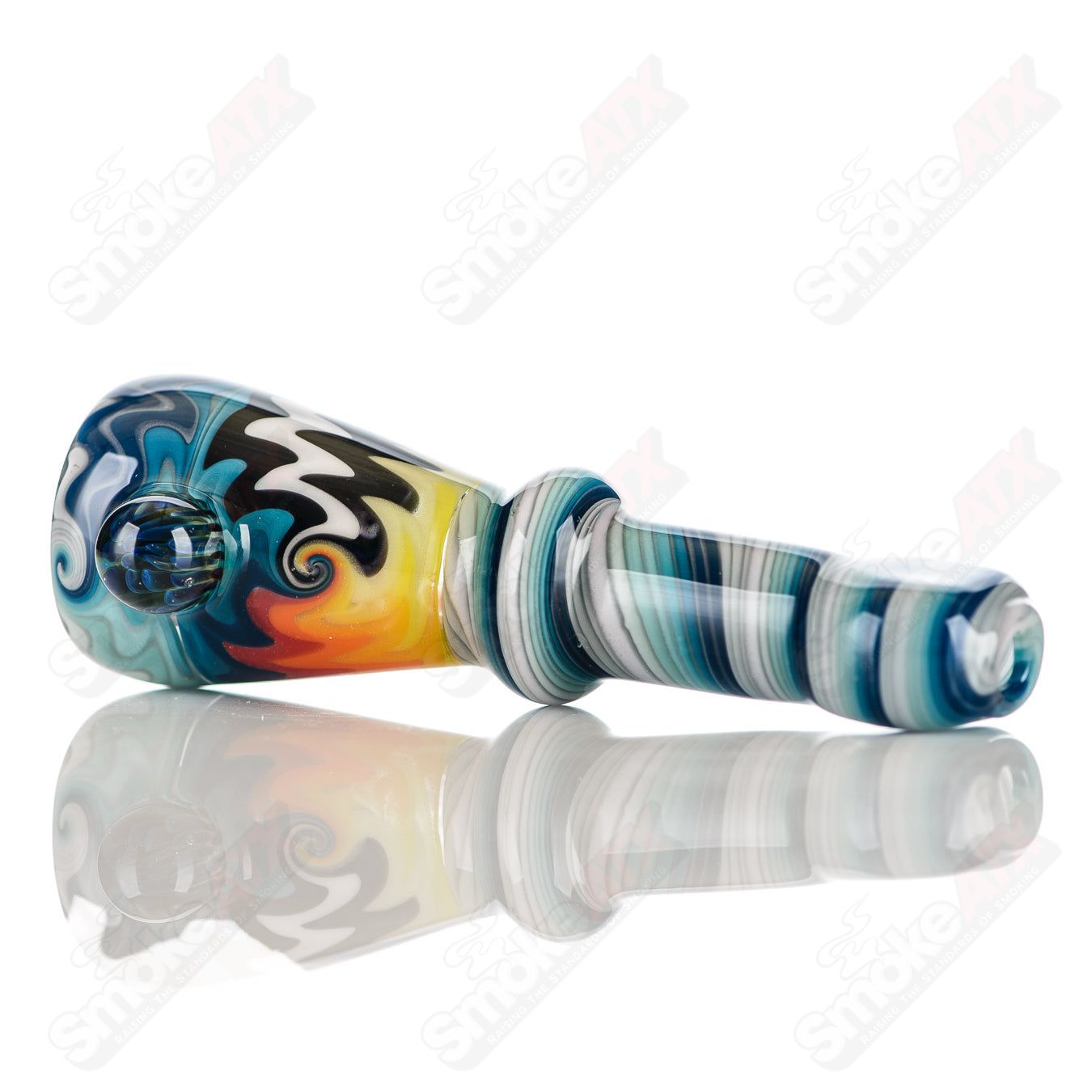 Katy Wright Glass Wig Wag Chillum, hand-blown heady glass pipe with colorful wig wag design for smoking.