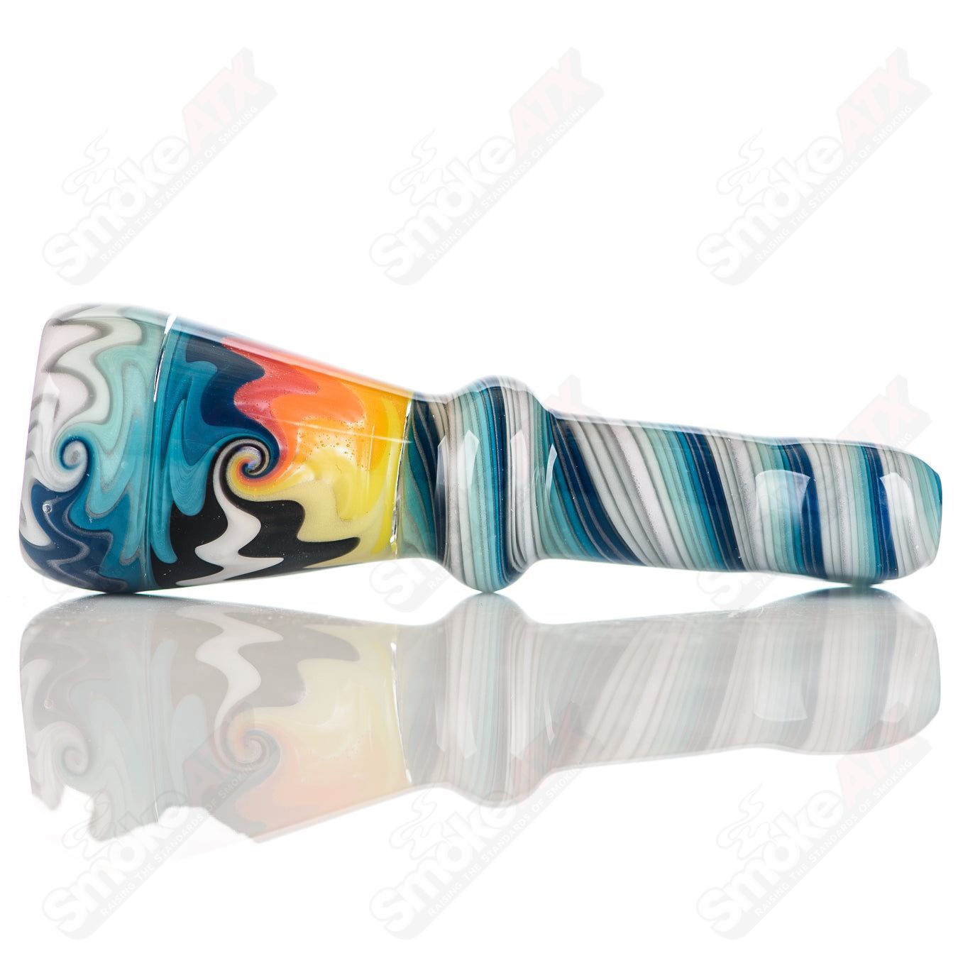Katy Wright Glass Wig Wag Chillum, colorful heady glass chillum with wig wag pattern, designed for smoking accessories.