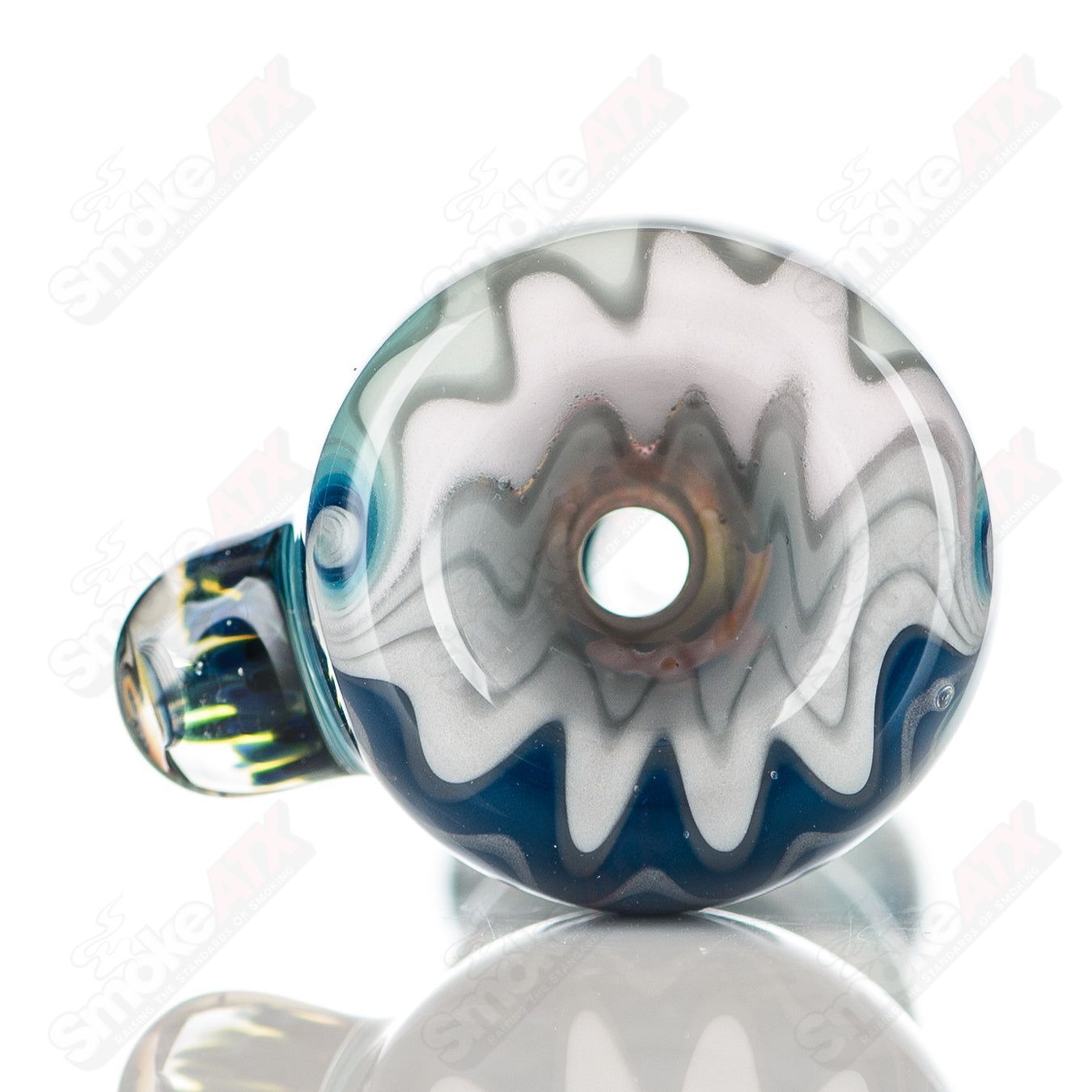 Katy Wright Glass Heady Chillum with Wig Wag design, clear glass with intricate patterns for smoking accessories.