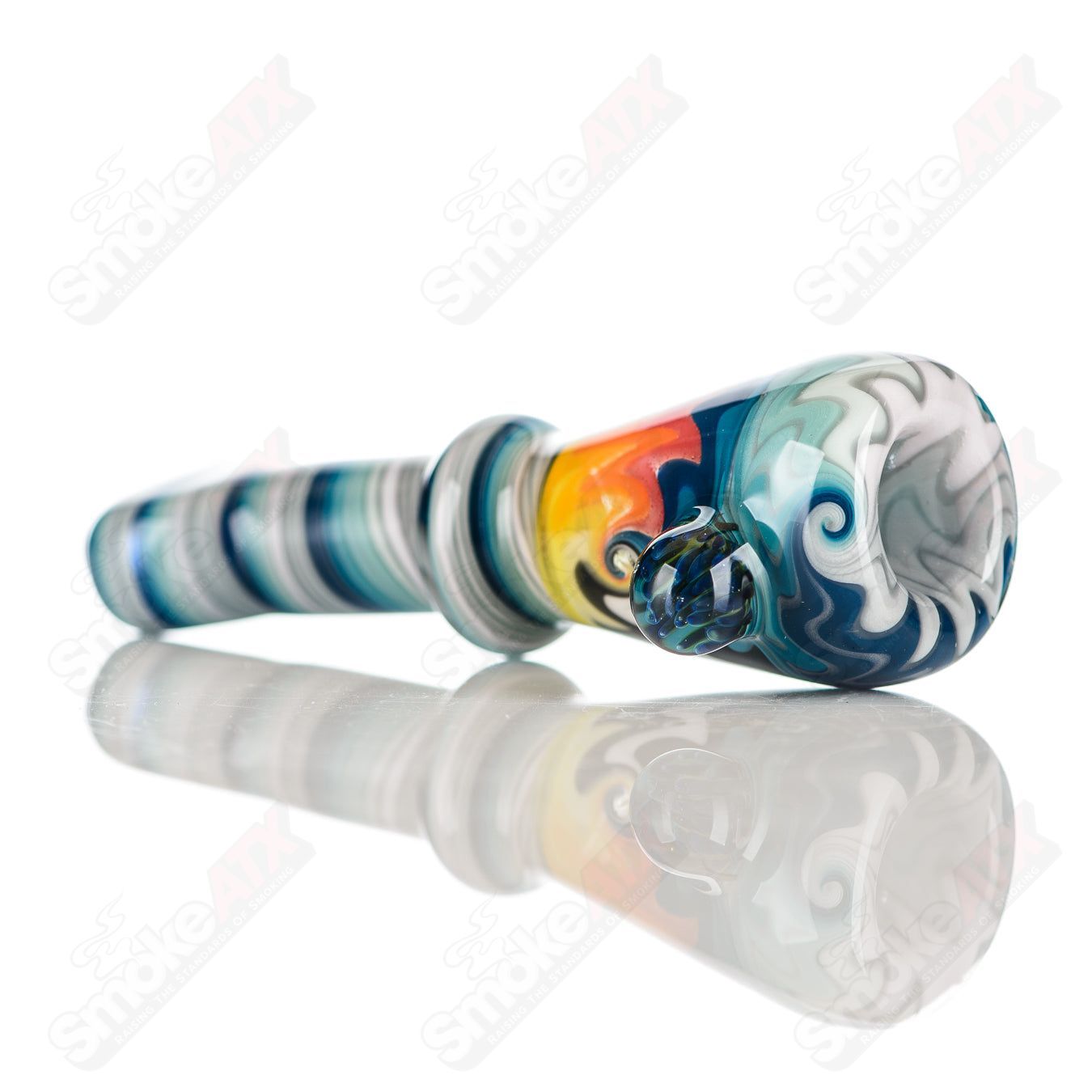 Katy Wright Glass Wig Wag Chillum, colorful heady glass pipe with wig wag pattern, designed for smoking, made by Katy Wright Glass.