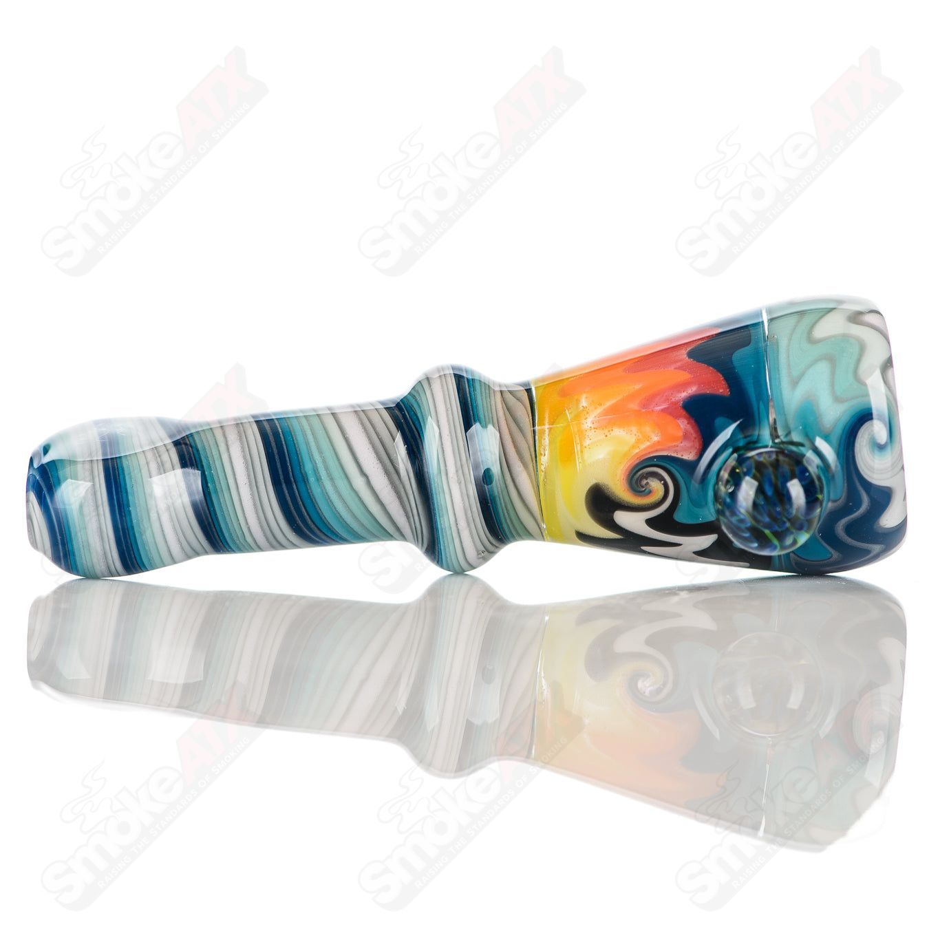 Katy Wright Glass Wig Wag Chillum, colorful heady glass pipe with unique wig wag pattern, designed for smooth smoking experience.