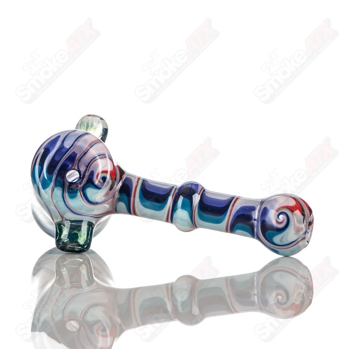Katy Wright Glass Heady Glass Wig Wag Hammer Dry Pipe with colorful glass design and intricate pattern, hand pipe for smoking.