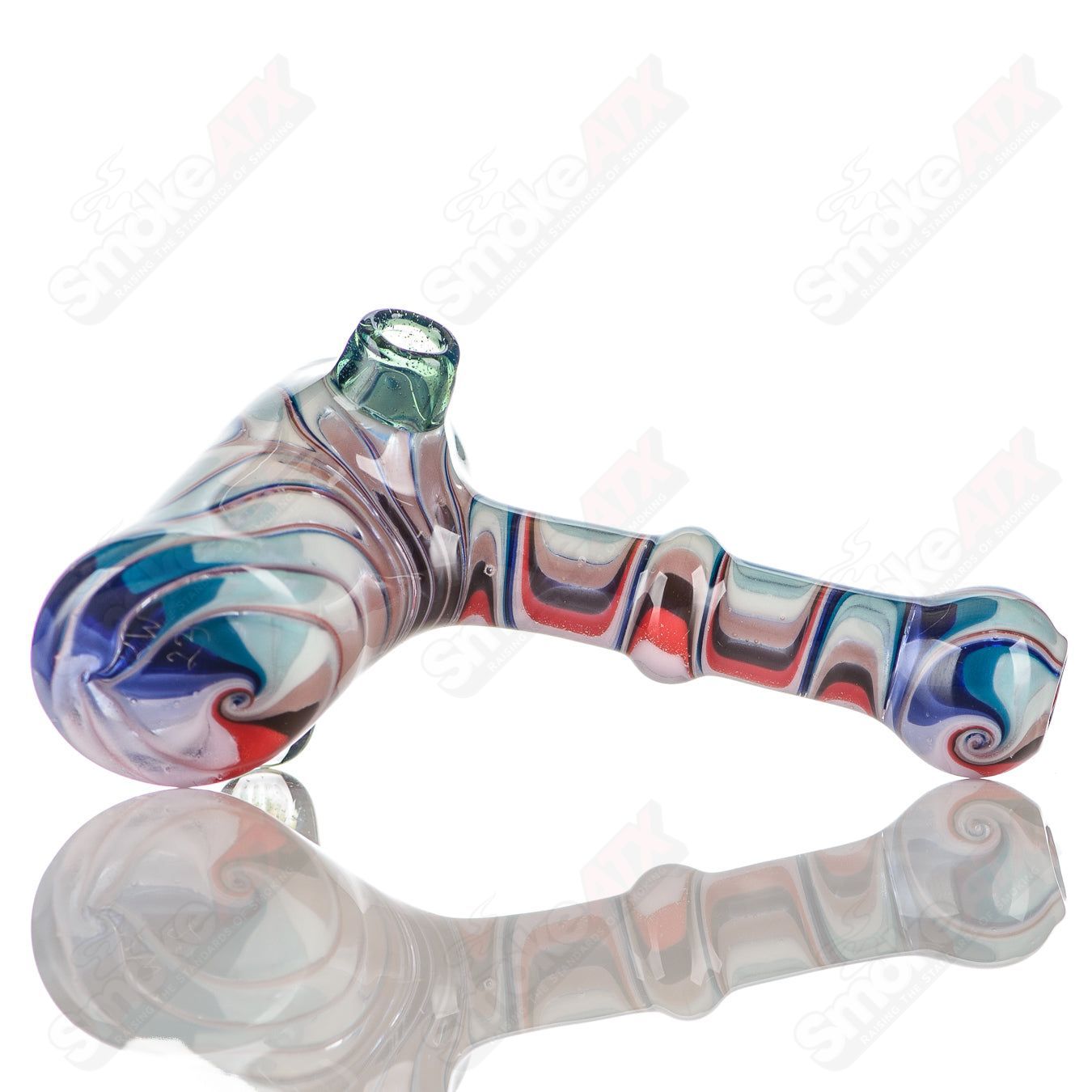 Katy Wright Glass Wig Wag Hammer Dry Pipe, hand pipe with colorful wig wag pattern and hammer shape, artistic heady glass design.