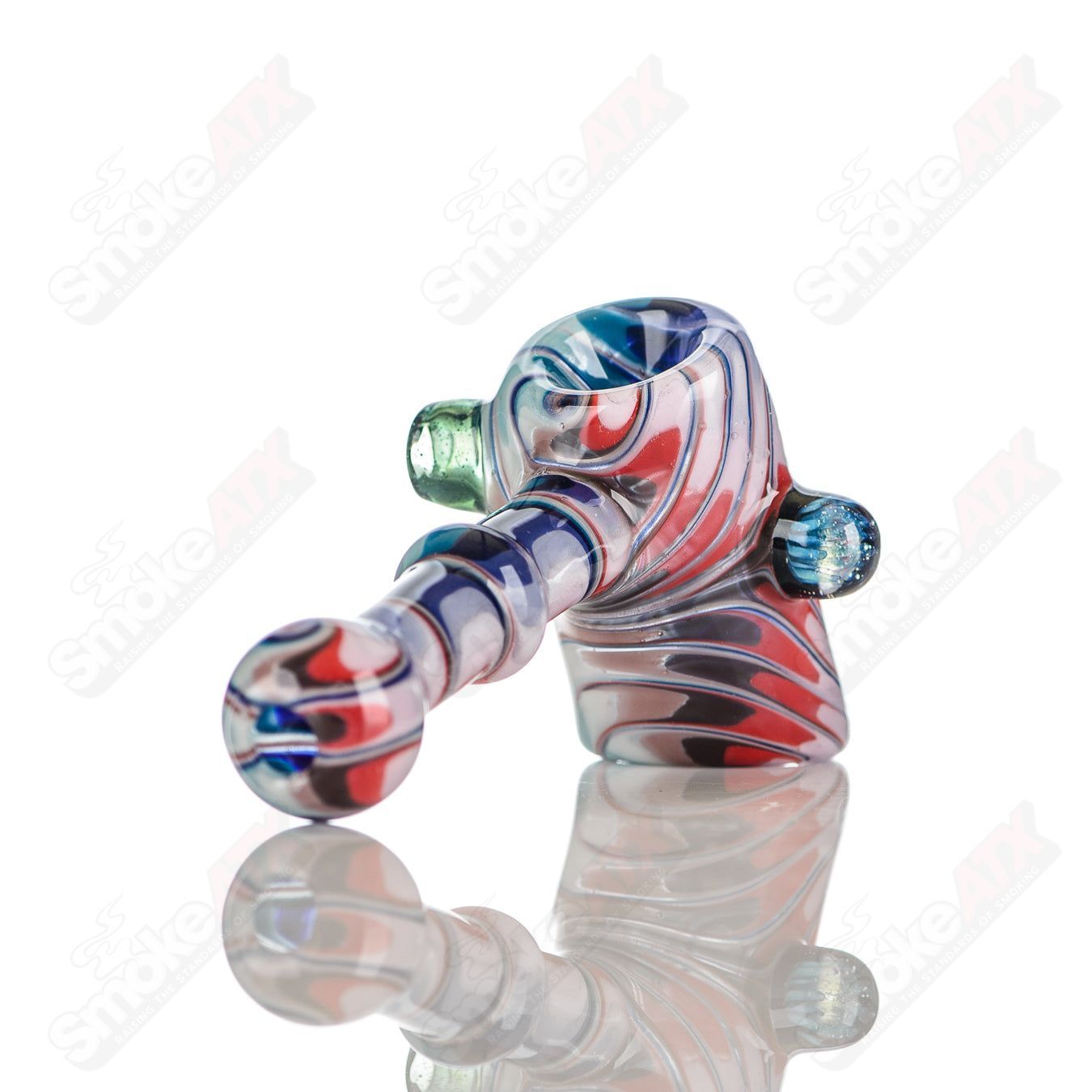 Katy Wright Glass Wig Wag Hammer Dry Pipe, heady glass hand pipe with colorful wig wag pattern and textured hammer design.
