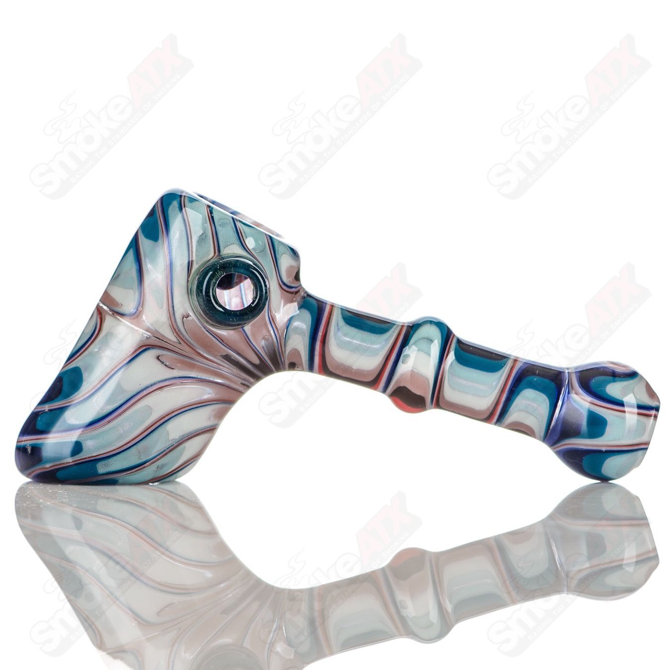 Katy Wright Glass Wig Wag Hammer Dry Pipe, hand pipe with colorful wig wag design and textured hammer shape, heady glass piece.