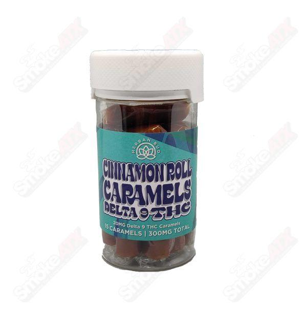 Herban Bud 300mg THC hemp edibles, 15 cinnamon roll caramel candies with D9 THC on packaging.