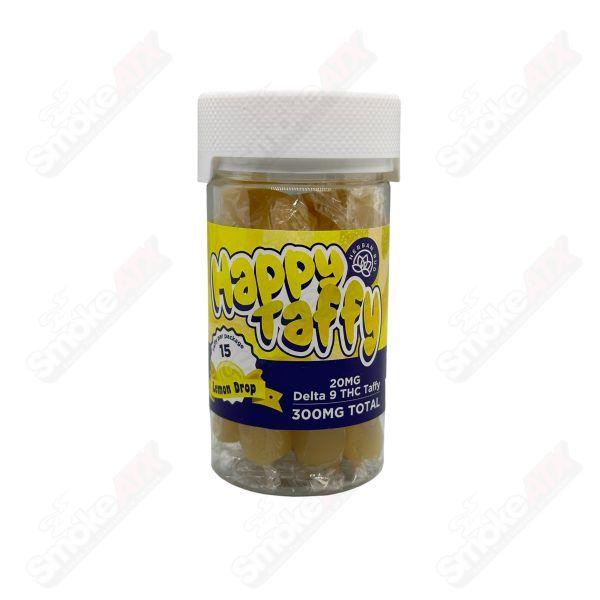 Herban Bud D9 Lemon Drop Happy Taffy, 300mg THC hemp edibles, 15 count, chewy lemon-flavored cannabis-infused taffy.