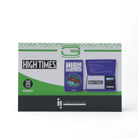 High Times digital GForce scale showing 350g capacity with 0.1g precision, compact electronic weighing device.