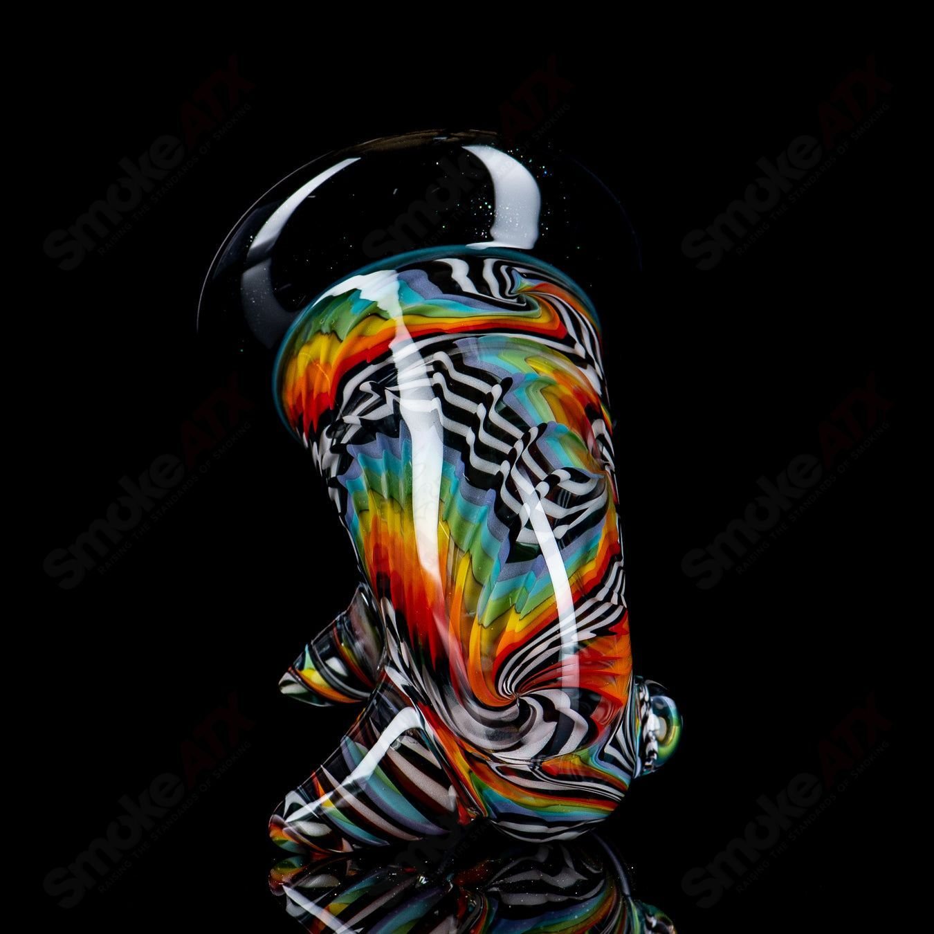 JMass Sherlocks heady glass pipe featuring 3D Fire & Ice Reversal design by Shawna Benson, vibrant colorful artwork.