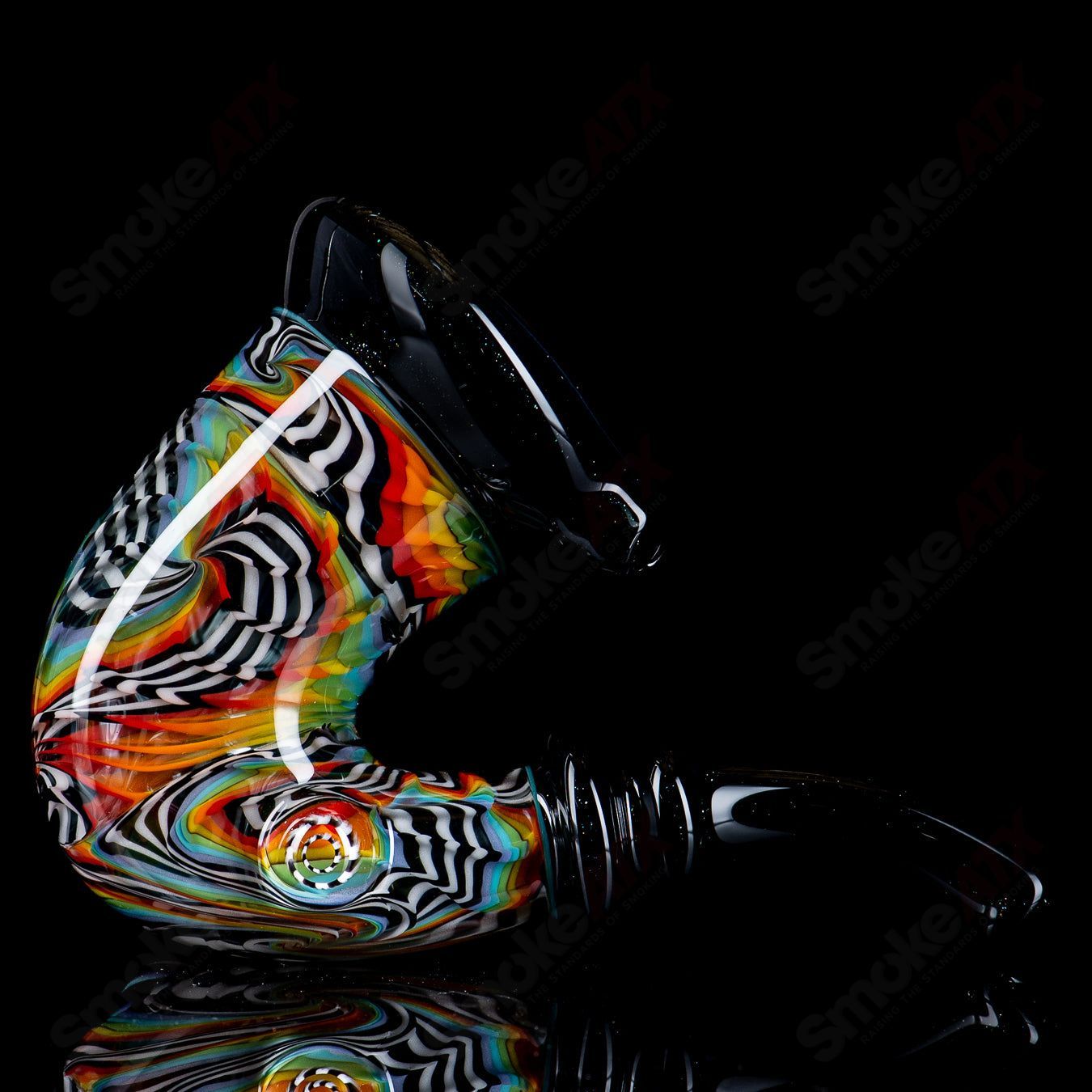 JMass Sherlocks heady glass pipe with 3D Fire & Ice Reversal art by Shawna Benson, featuring vibrant fire and ice glass designs.