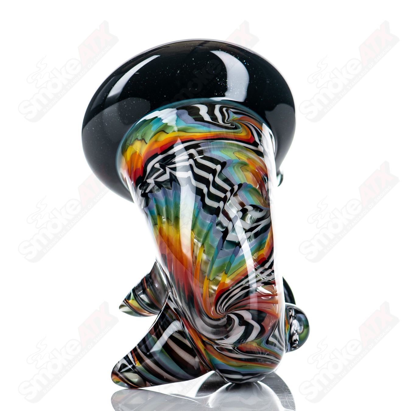 JMass Sherlocks heady glass pipe featuring 3D Fire & Ice reversal by Shawna Benson, vibrant color details and intricate design.