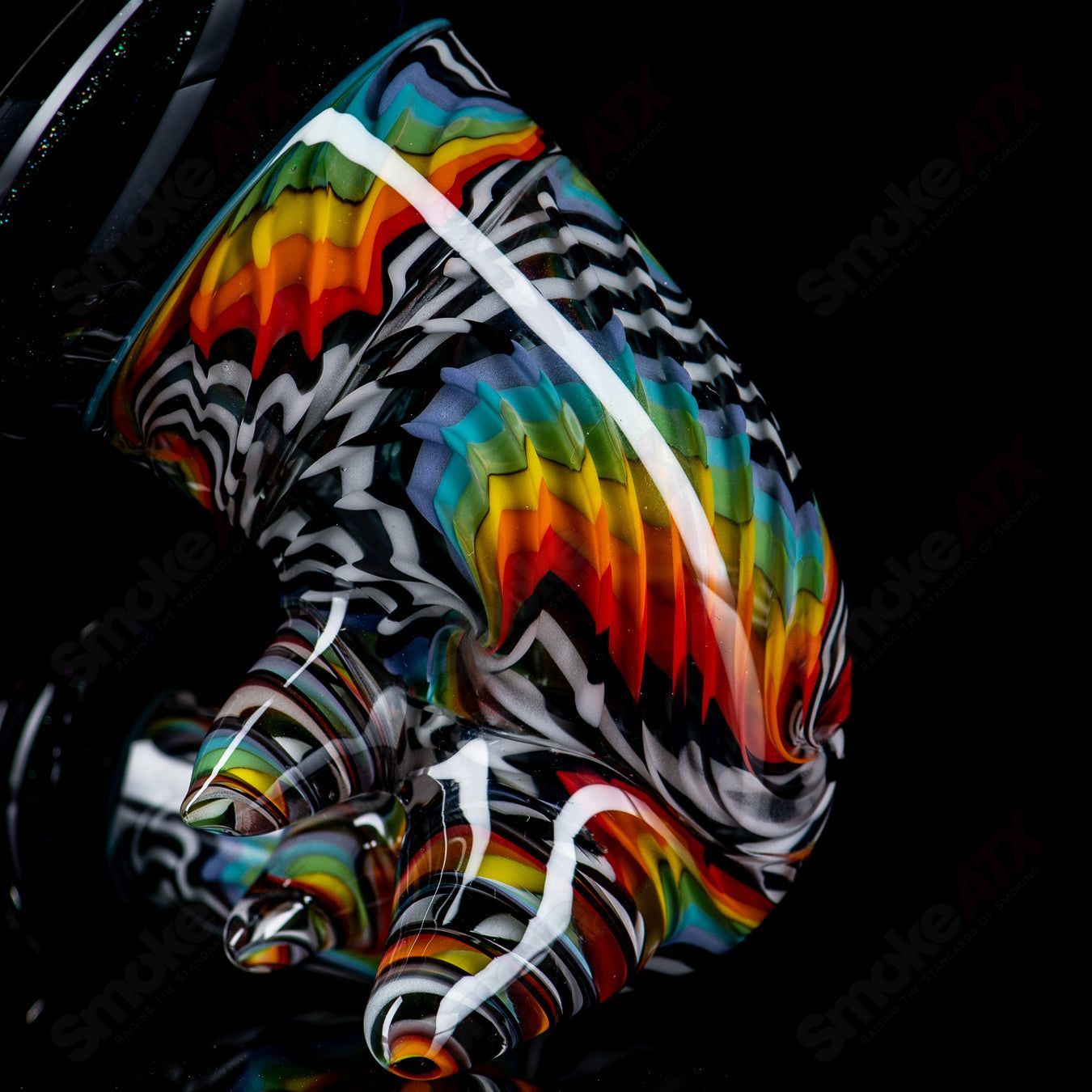 JMass Sherlocks heady glass pipe featuring 3D Fire & Ice reversal artwork by Shawna Benson, vibrant glass design with intricate details.