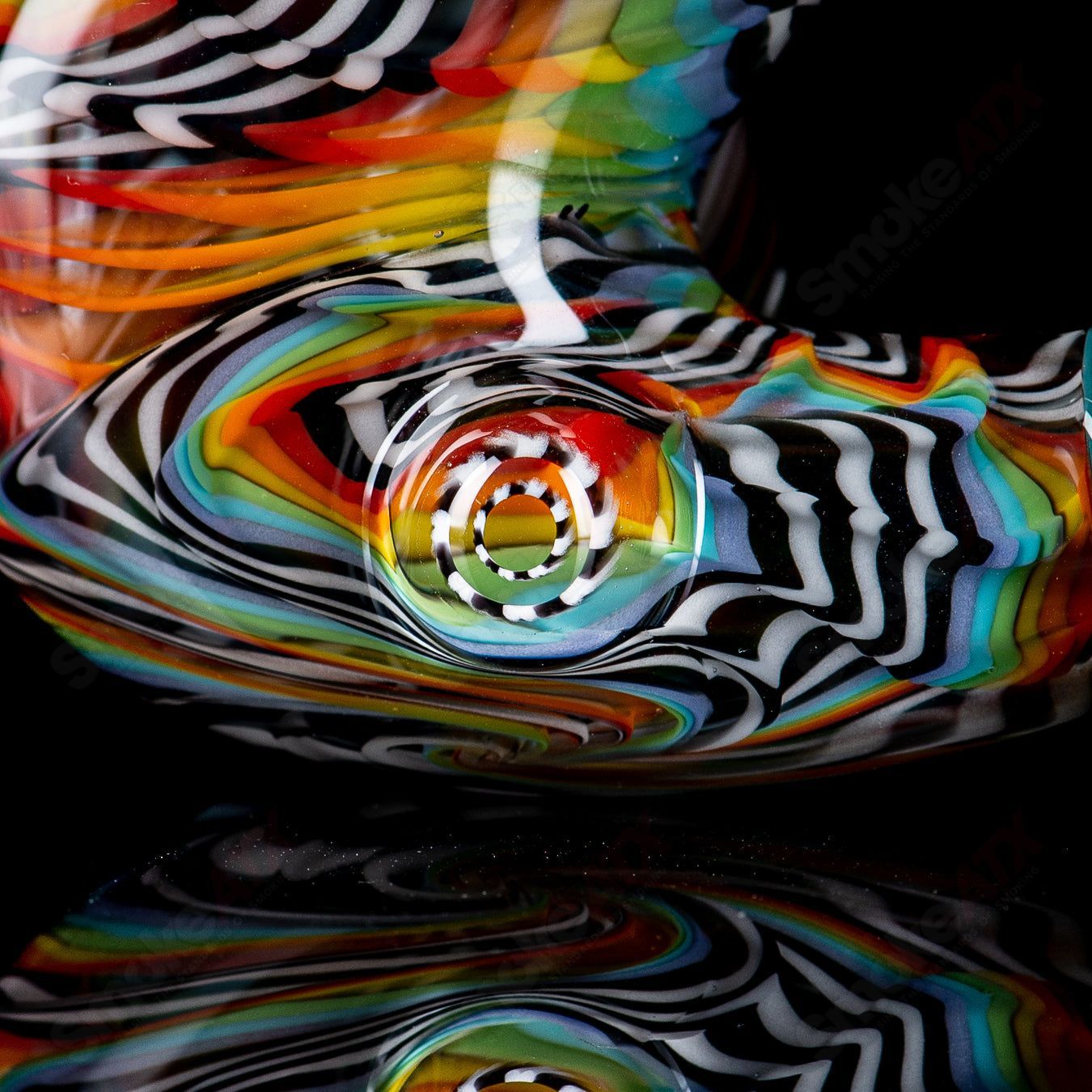 JMass Sherlocks glass pipe featuring 3D Fire & Ice Reversal artwork by Shawna Benson, vibrant glass with intricate fire and ice design.