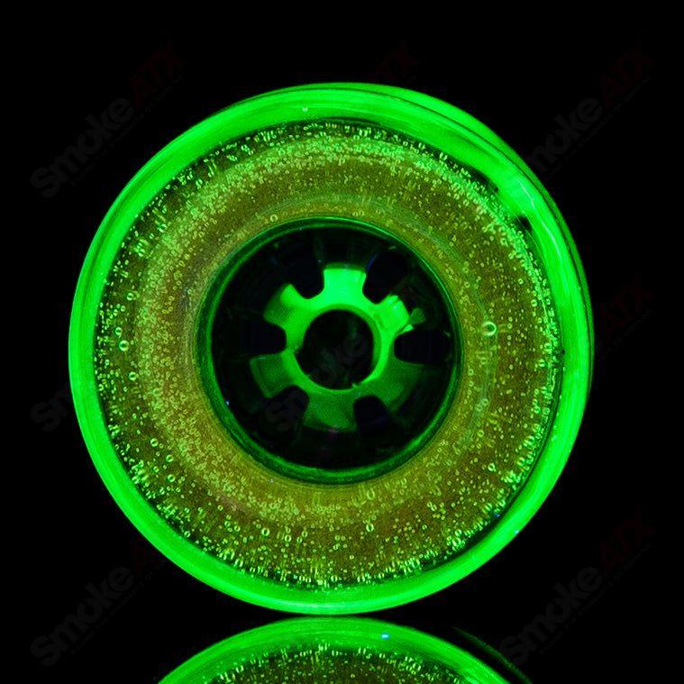 Mobius UV color elements 14mm multi-hole glass bowl for water pipes, featuring vibrant UV-reactive design and multiple holes.
