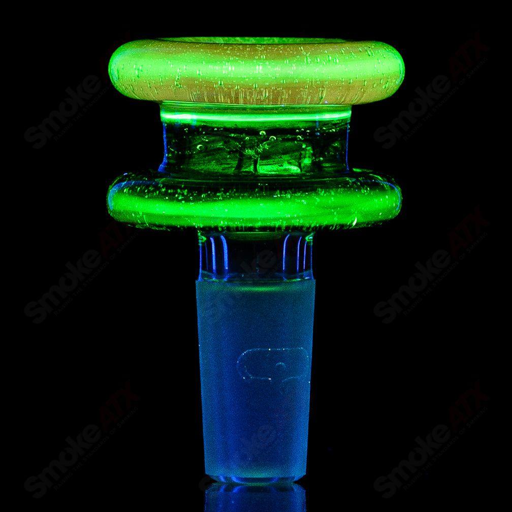 Mobius 14mm UV color elements multi-hole bowl for heady glass pipes, featuring vibrant UV reactive design and multiple airflow holes.