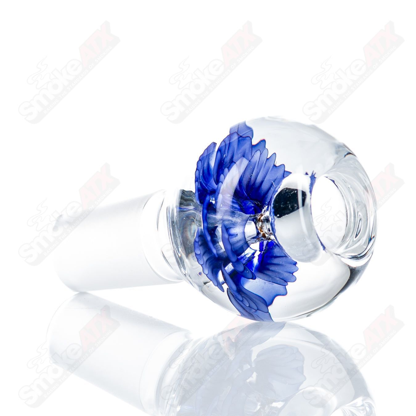 Swan Glass flower marble bowl for heady glass, 18mm diameter, with colorful flower and marble design on clear glass.