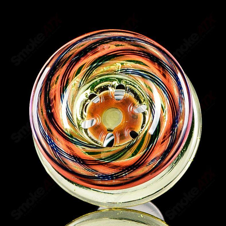 Mobius Heady Glass 19mm UV Color Elements Multi-Hole Bowl with vibrant UV-reactive glass and multiple holes for airflow.