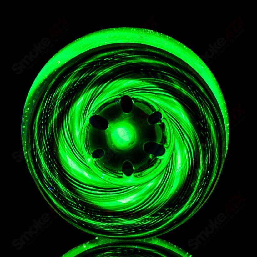 Mobius 19mm UV color elements multi-hole bowl for heady glass pipes, featuring vibrant UV-reactive accents and multiple holes.