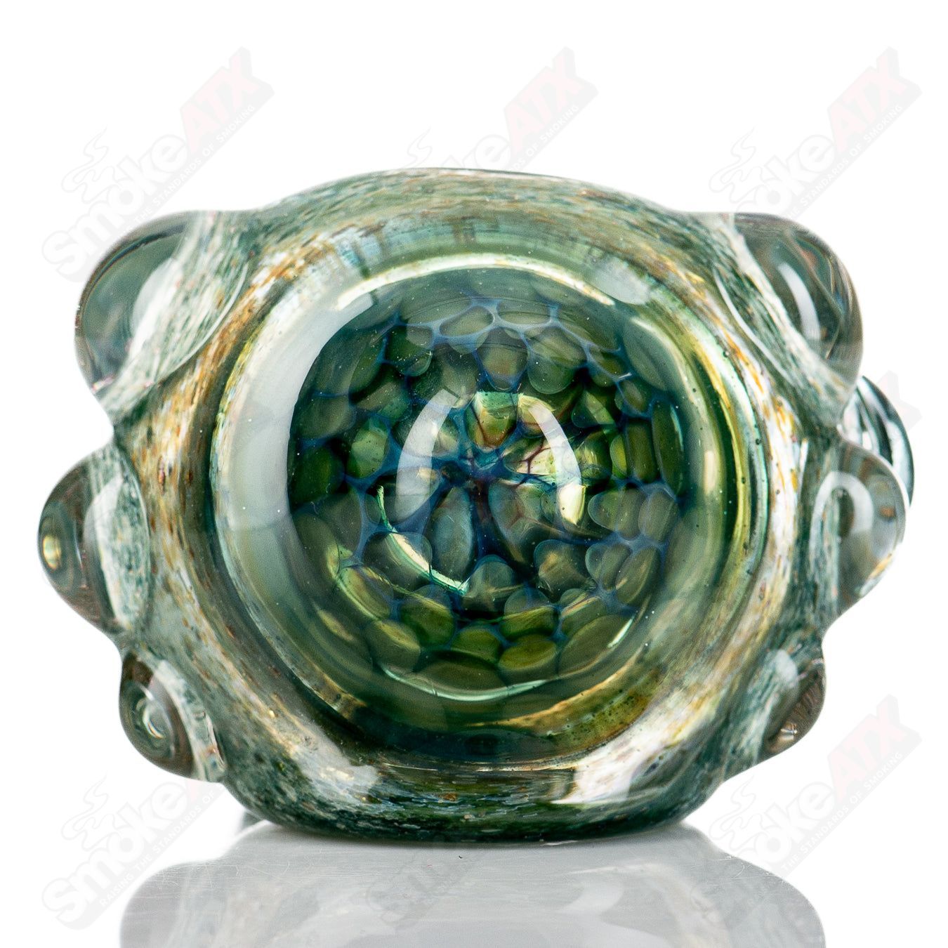 Molten Imagination Dragon Skin glass hand pipe with honeycomb design, featuring intricate dragon scale patterns.