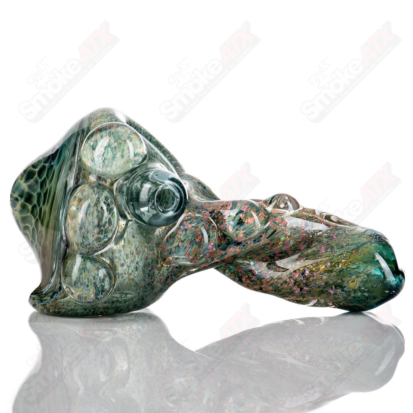 Molten Imagination Dragon Skin glass hand pipe with honeycomb design, featuring vibrant colors and intricate dragon scale details.