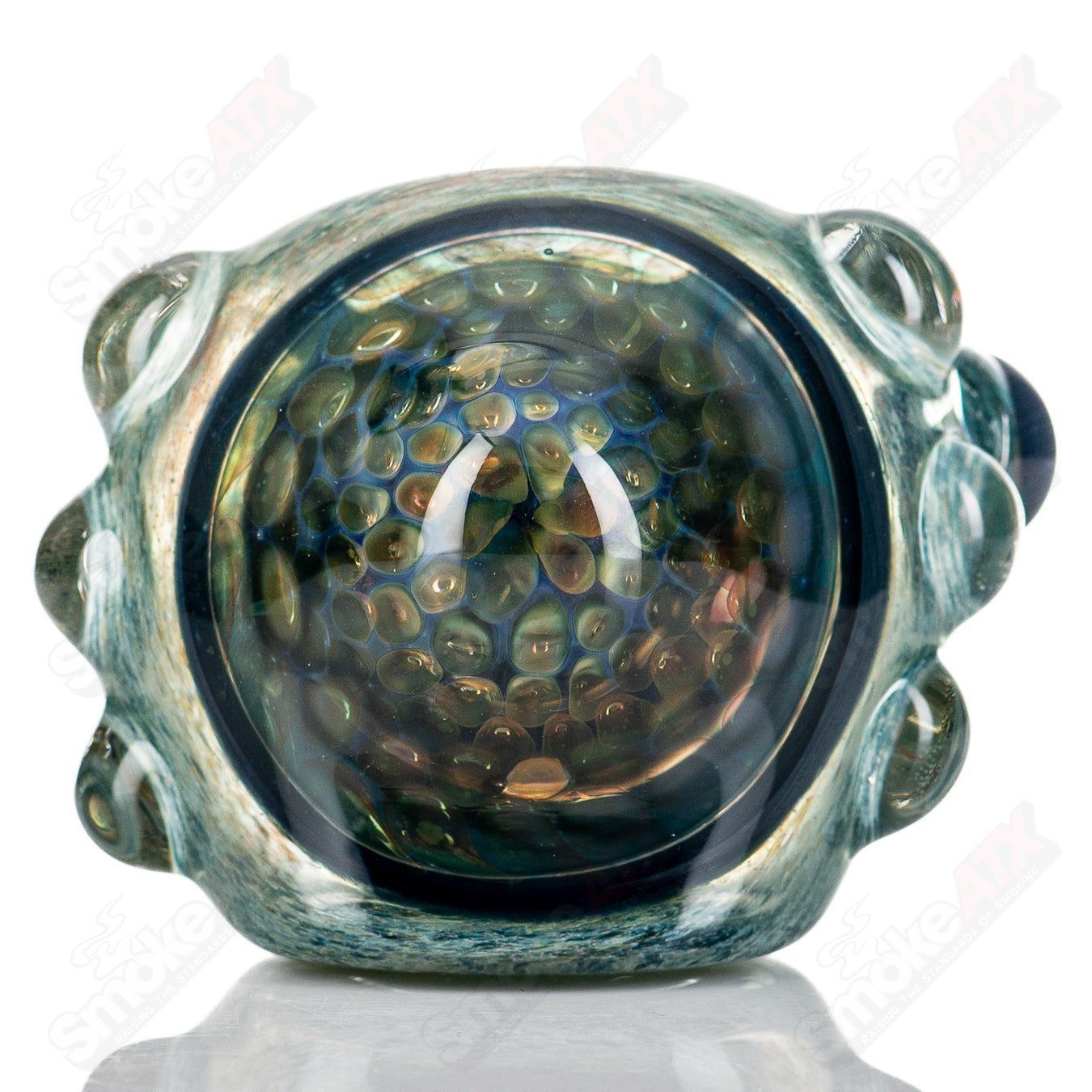 Molten Imagination Dragon Skin glass hand pipe with honeycomb design, featuring vibrant colors and intricate dragon scale pattern.