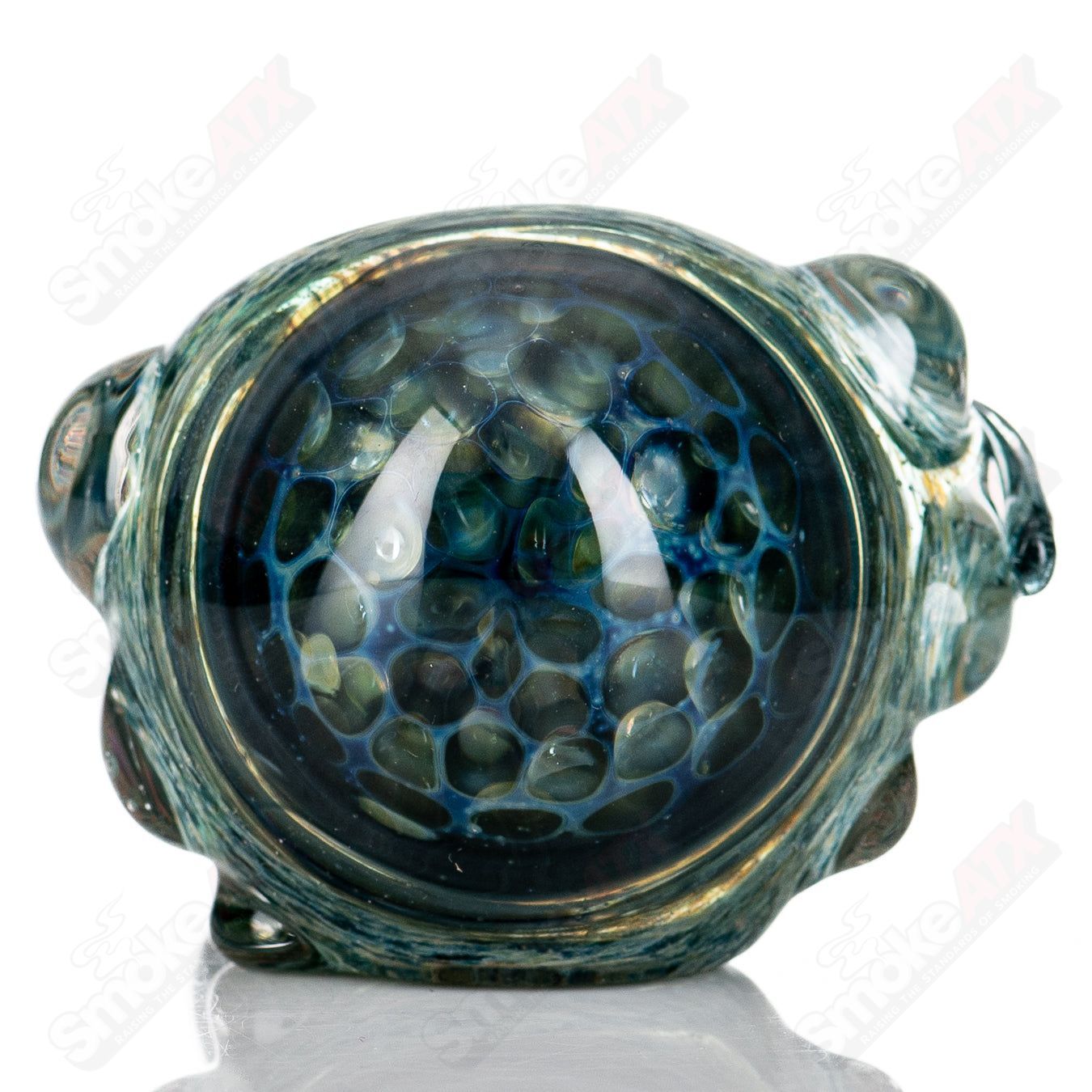 Molten Imagination Dragon Skin glass hand pipe with honeycomb pattern, featuring intricate dragon scale design and vibrant colors.