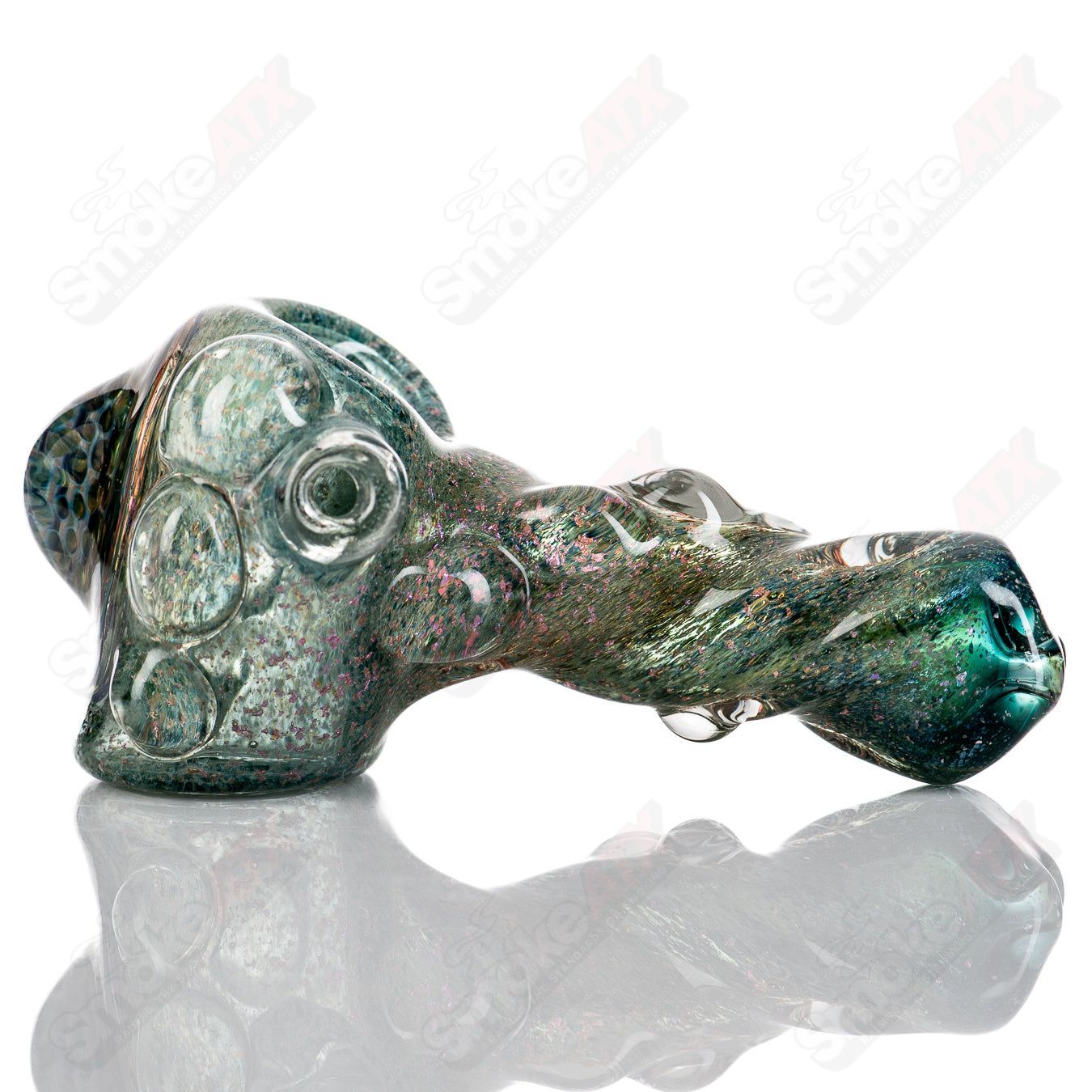 Molten Imagination Dragon Skin glass hand pipe with honeycomb design, featuring vibrant colors and intricate dragon-inspired details.