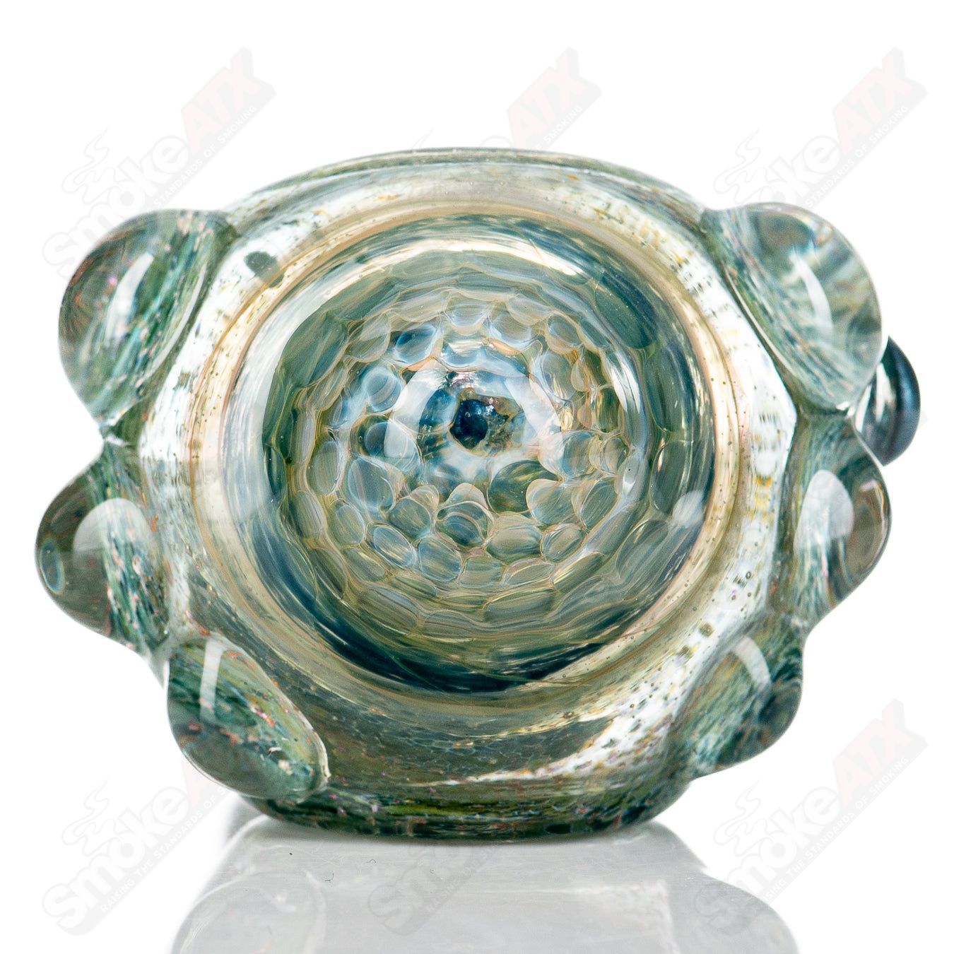 Molten Imagination Dragon Skin glass hand pipe with honeycomb pattern, featuring vibrant dragon scale design and intricate details.
