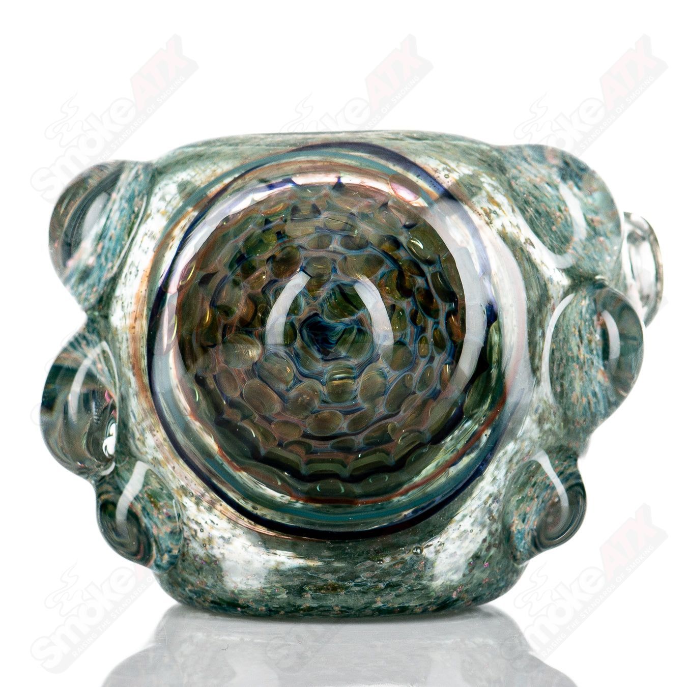 Molten Imagination Dragon Skin hand pipe with honeycomb glass design, featuring intricate dragon skin pattern and textured surface.