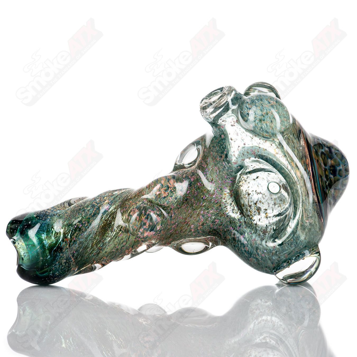 Molten Imagination Dragon Skin glass hand pipe with honeycomb design, vibrant colors and intricate dragon scale pattern.