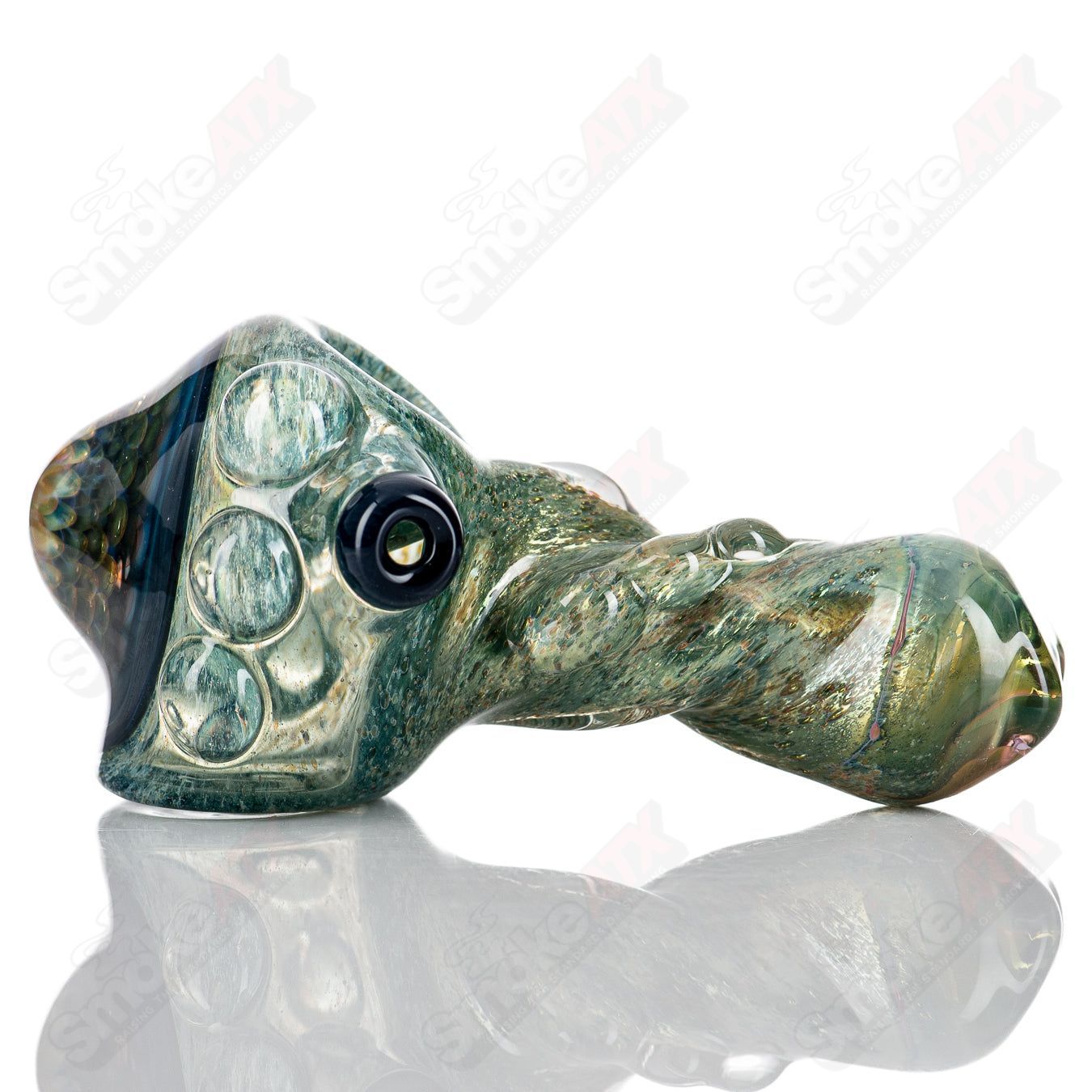 Molten Imagination Dragon Skin hand pipe with honeycomb glass texture, featuring a detailed dragon design.