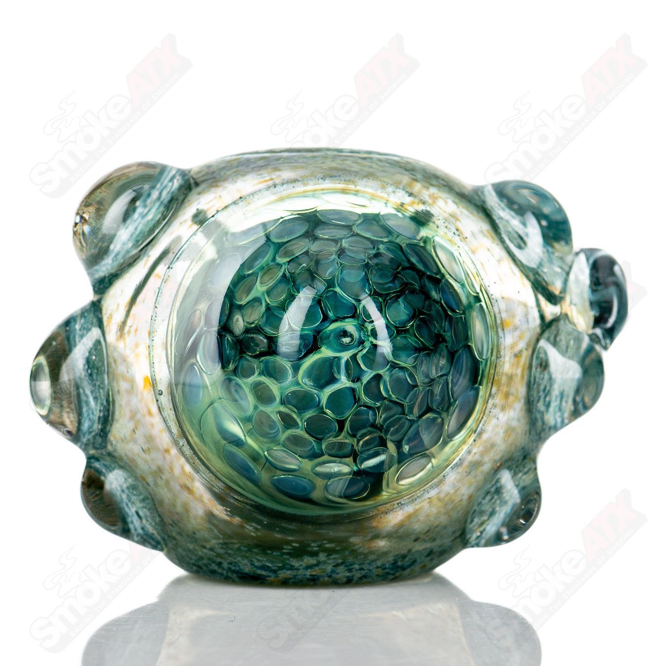 Molten Imagination Dragon Skin glass hand pipe with honeycomb pattern, featuring intricate dragon scale design.