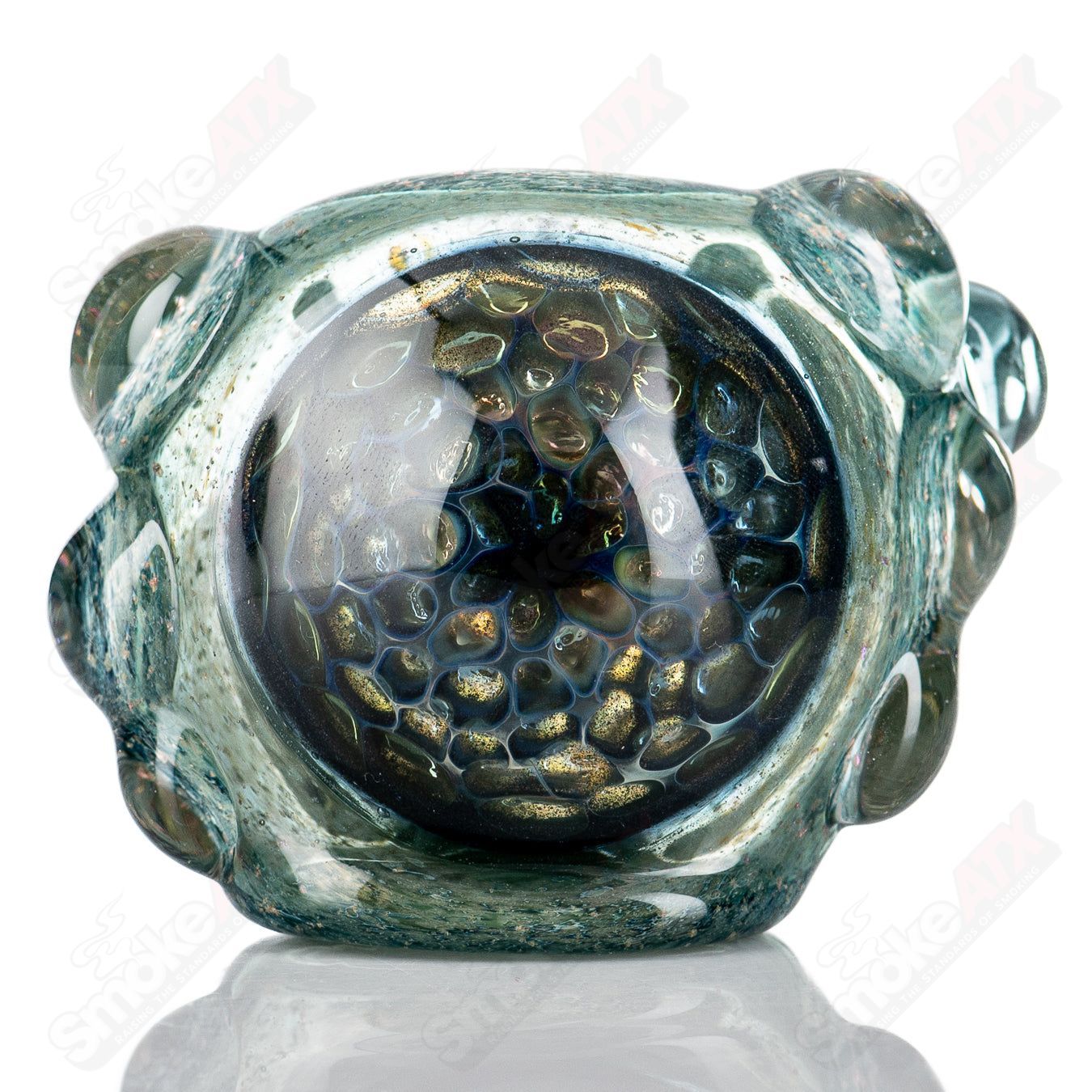 Molten Imagination Dragon Skin hand pipe with honeycomb glass design, featuring intricate dragon scale patterns.