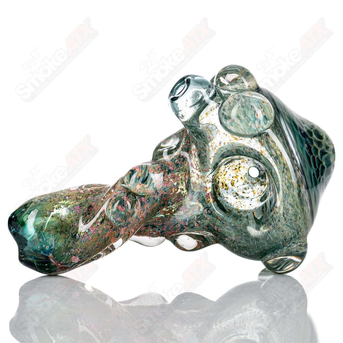 Molten Imagination Dragon Skin hand pipe featuring honeycomb glass design, vibrant colors, and intricate dragon scale details.