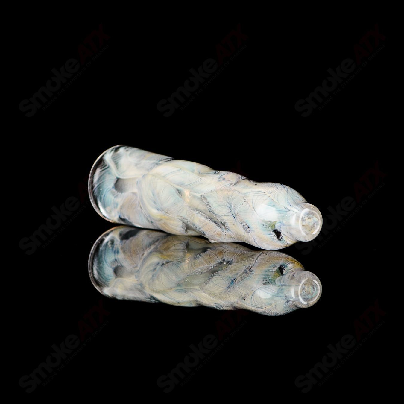 Handcrafted signed JMK Glass #4 I/O Worked Chillum, clear glass pipe for smoking, with detailed design and smooth finish.