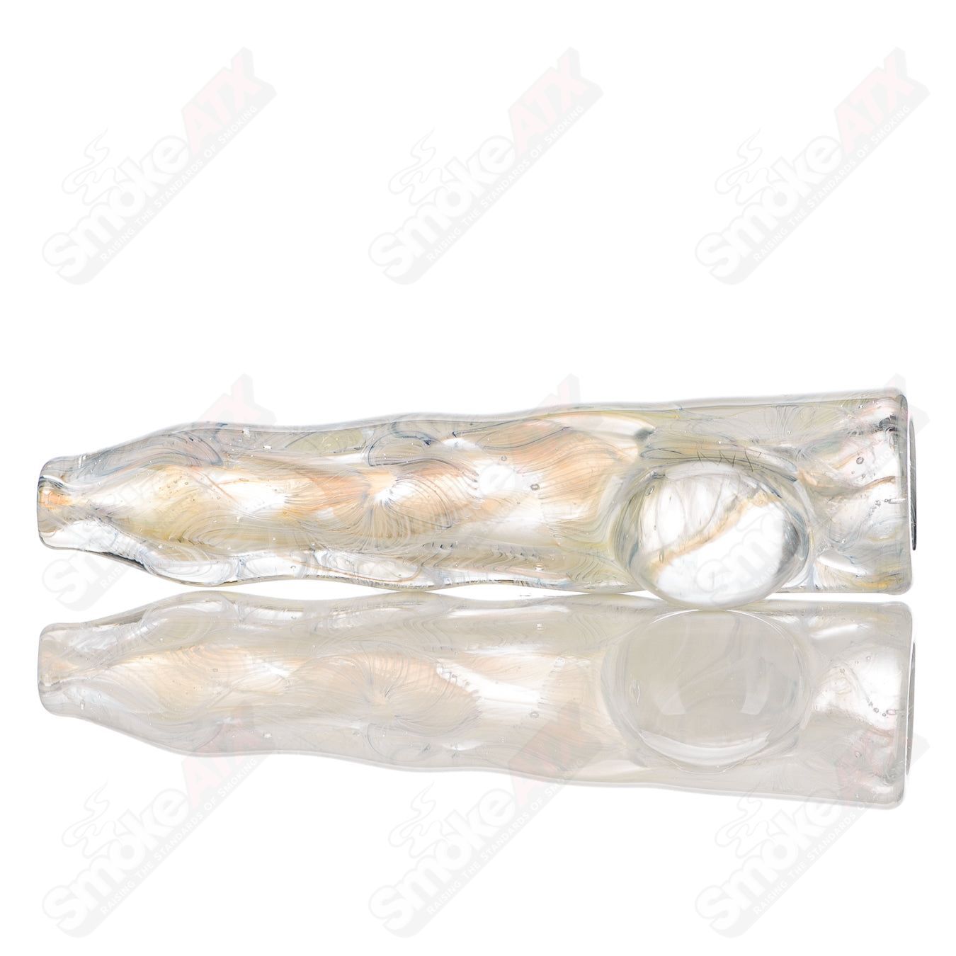 Signed JMK Glass #4 I/O Worked Chillum, clear glass smoking pipe with intricate worked design and signature details.