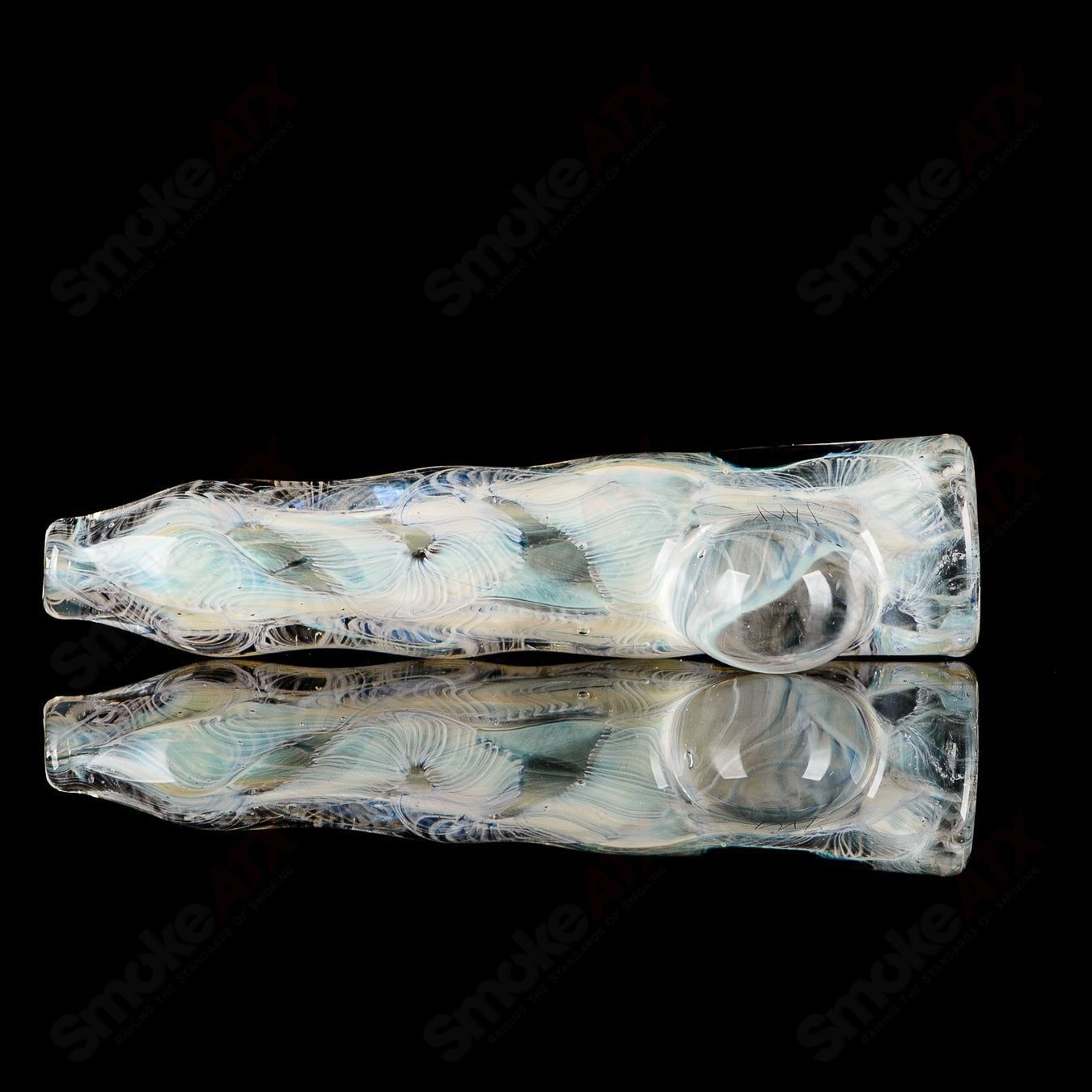 JMK Glass signed #4 I/O Worked Chillum, handcrafted glass smoking pipe with intricate worked design and signature detail.