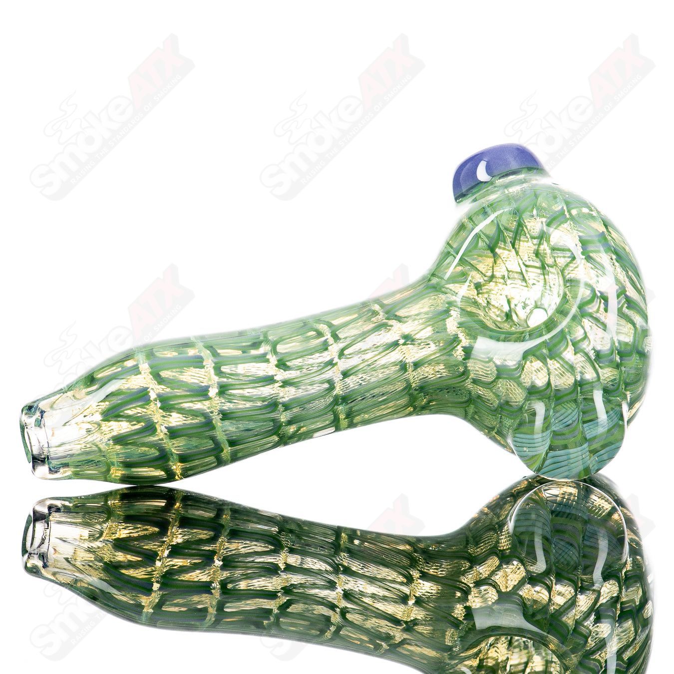 JMK Glass #4 Lattice Coil Spoon hand pipe with intricate lattice coil design and clear glass body for smoking.
