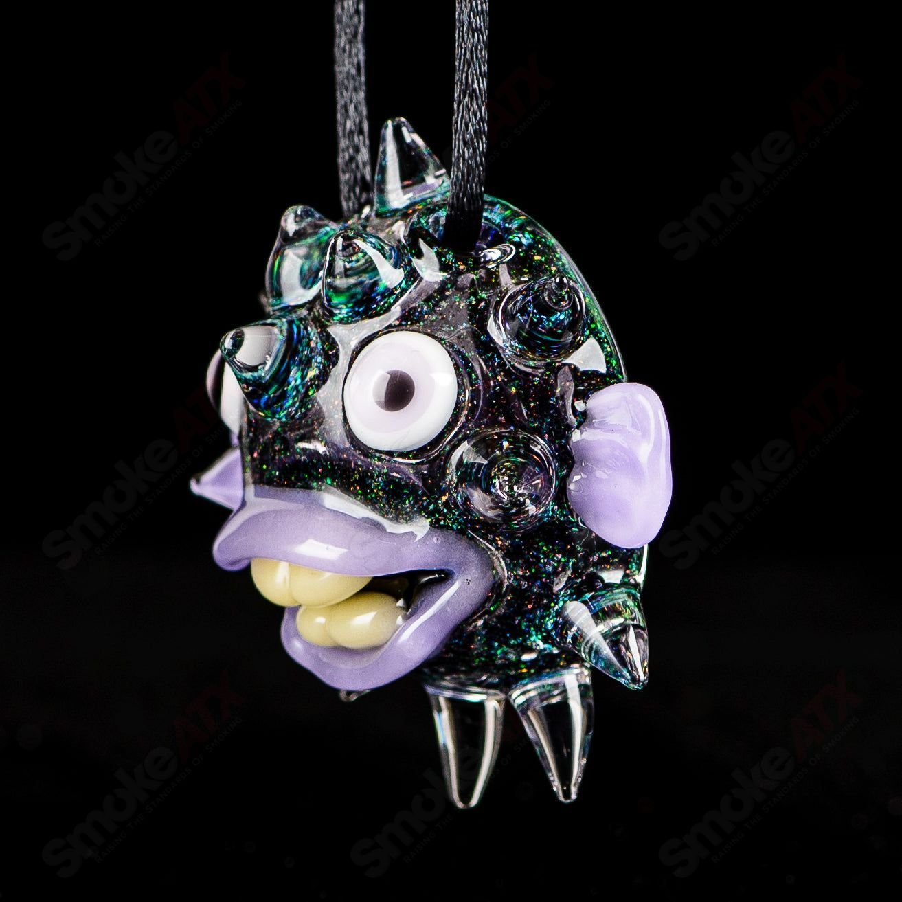 Chadd Lacy Glass #4 Puffer Pendant featuring colorful glass art, intricate design, and clear glass accents, handcrafted jewelry piece.